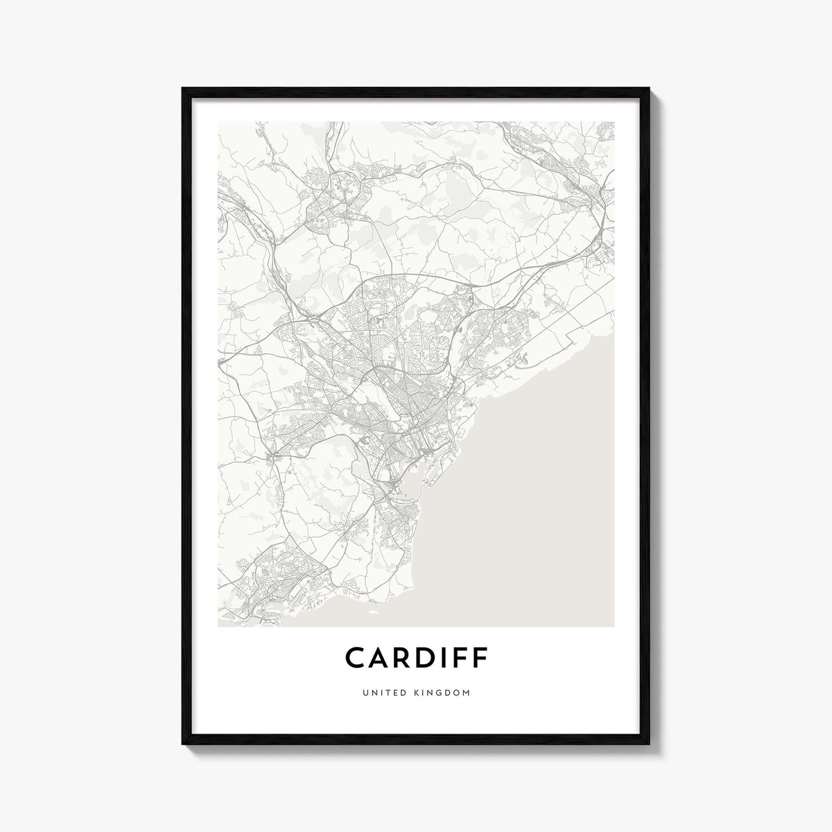 Cardiff black & white map poster of Wales, UK – vertical wall art, unframed print shown in interior mockup
