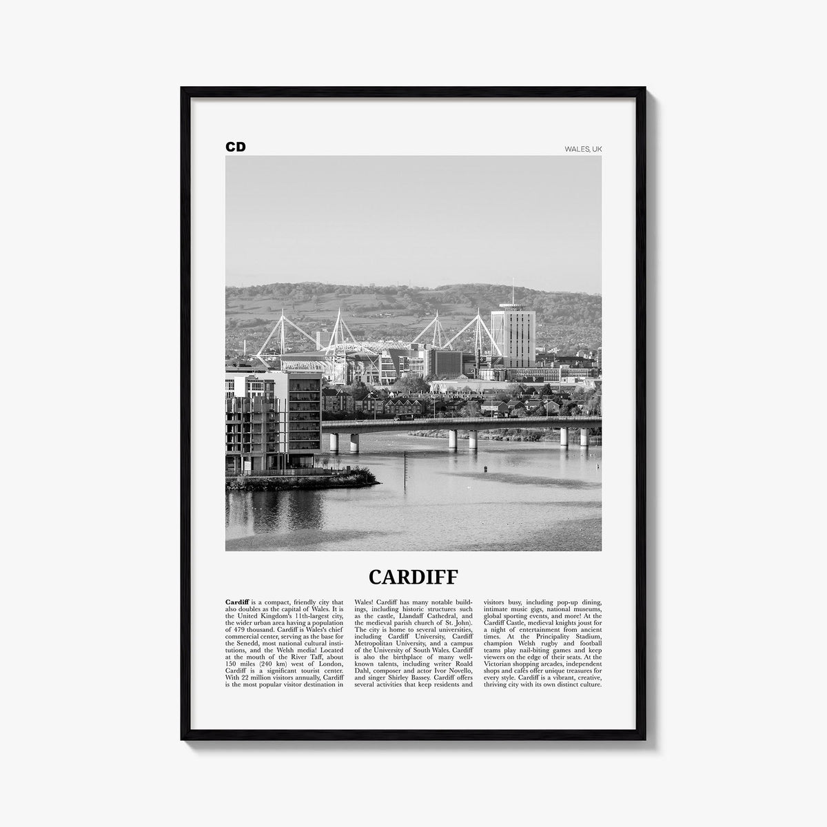 Cardiff black & white newspaper poster of Wales, UK – vertical wall art, unframed print shown in interior mockup