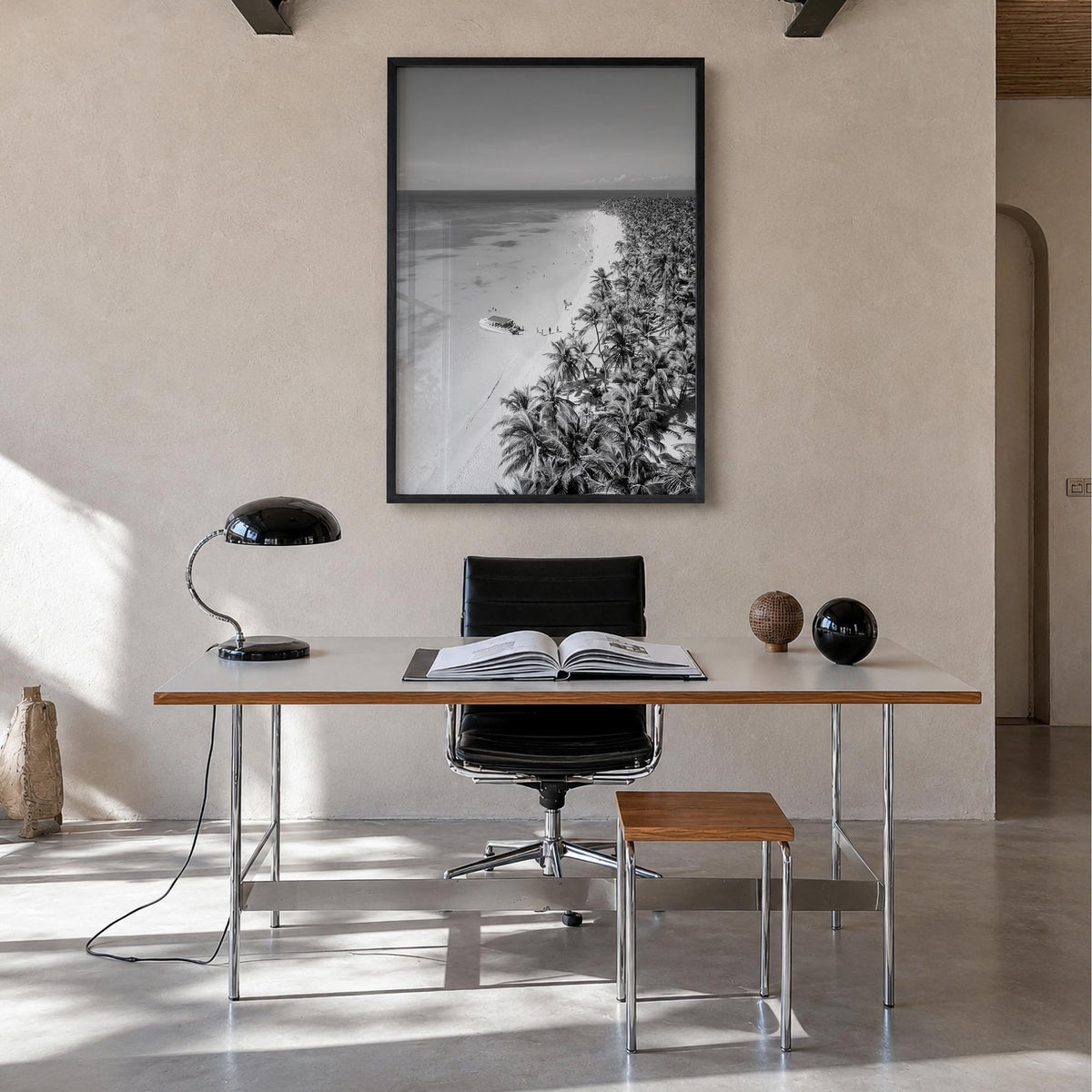 Caribbean black & white photo poster of World – vertical wall art in black wood frame, hanging on wall