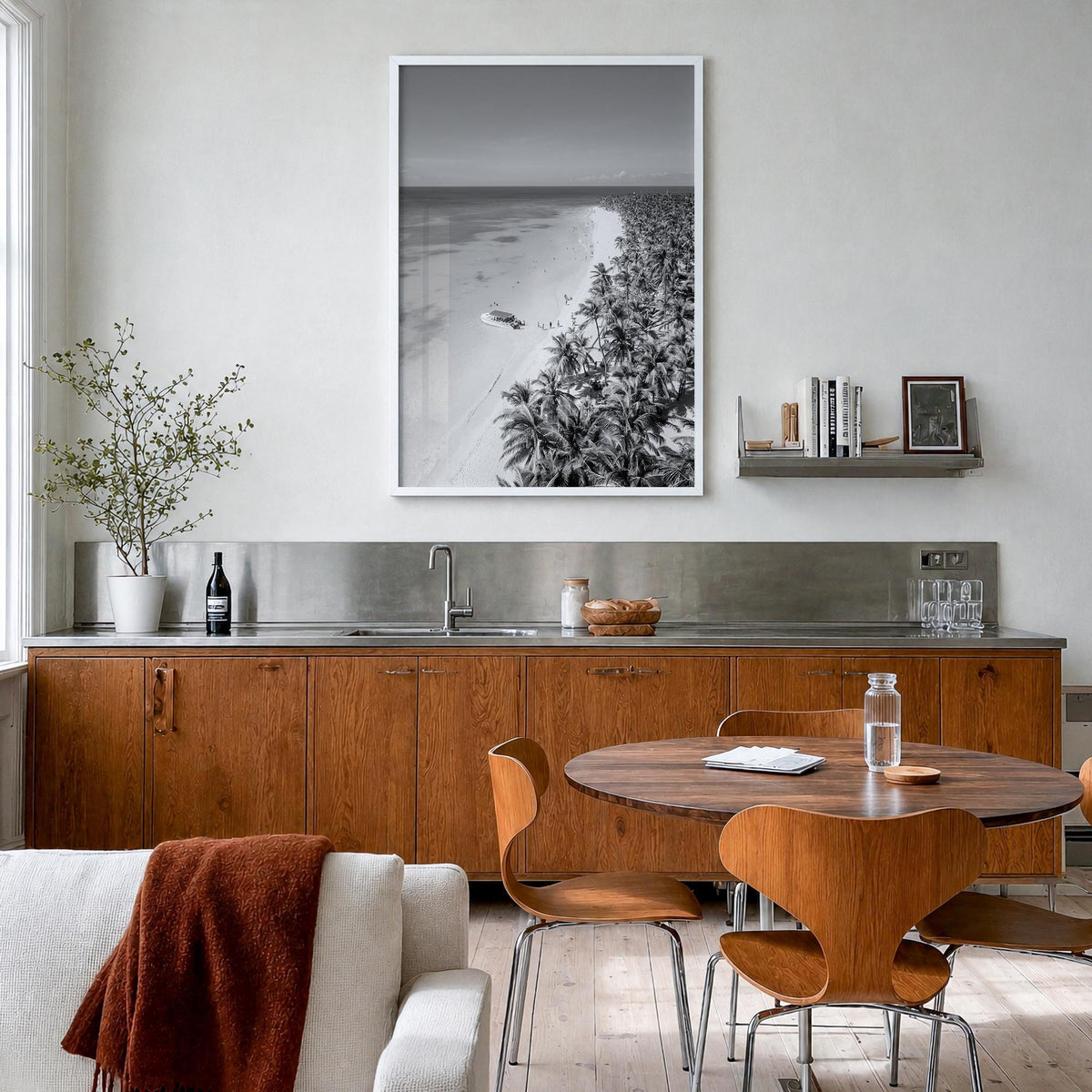 Caribbean black & white photo poster of World – vertical wall art in white wood frame, hanging on wall