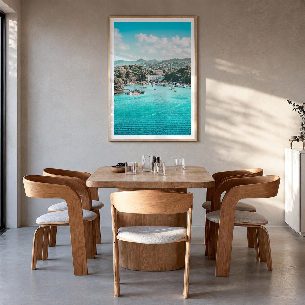 Caribbean colorful photo poster of World – vertical wall art in natural wood frame with white border, hanging on wall
