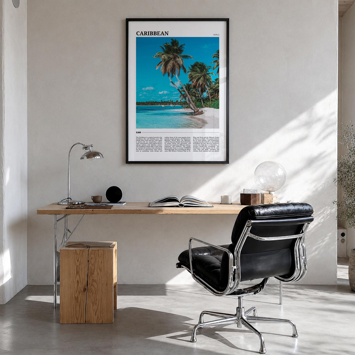 Caribbean no. 1 colorful travel poster of World – vertical wall art in black wood frame, hanging on wall