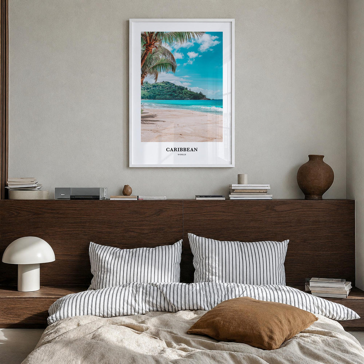 Caribbean no. 2 colorful classic poster of World – vertical wall art in white wood frame, hanging on wall
