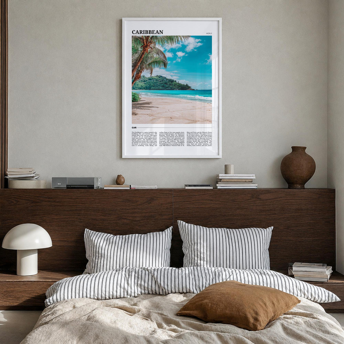 Caribbean no. 2 colorful travel poster of World – vertical wall art in white wood frame, hanging on wall