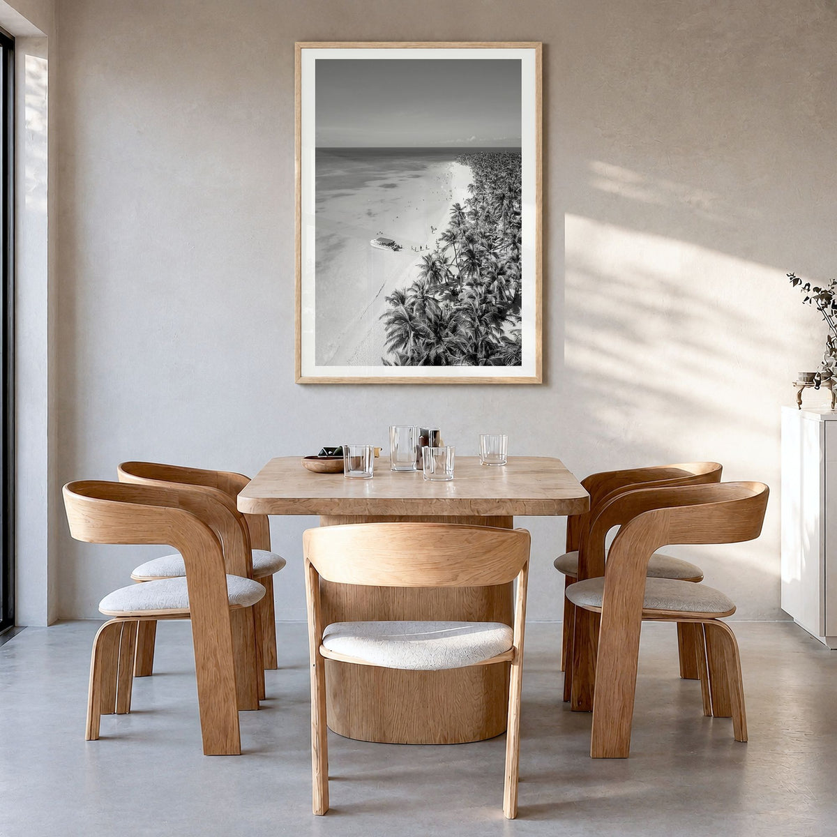 Caribbean Photo Poster in a natural wood frame, hanging in a dining room, white border