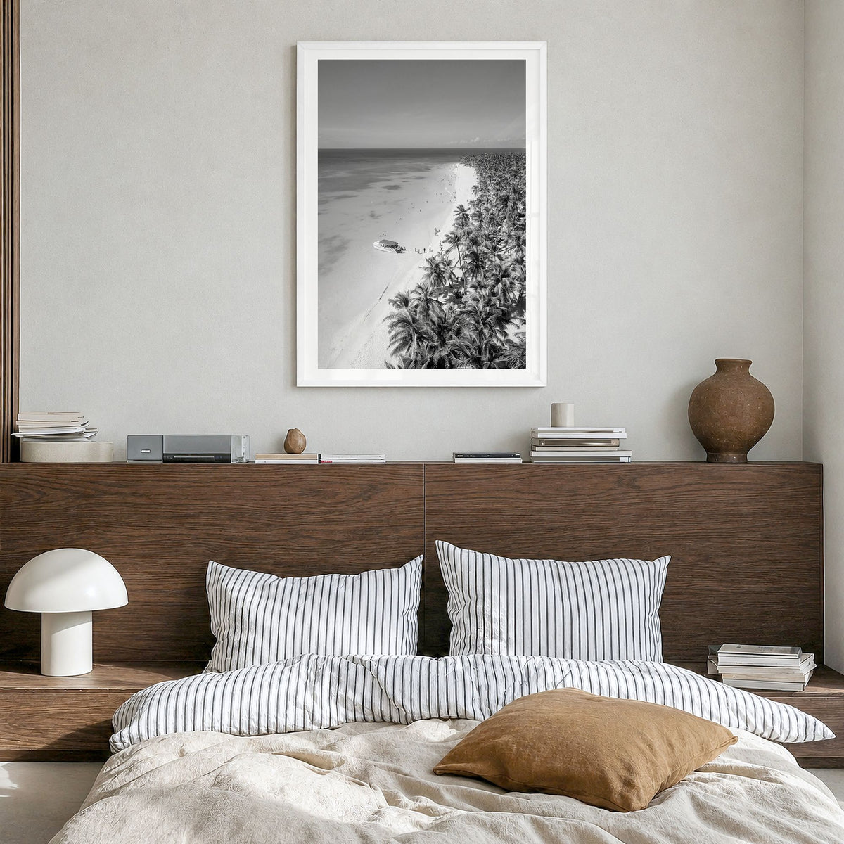 Caribbean Photo Poster in a white wood frame, hanging in a bedroom, white border