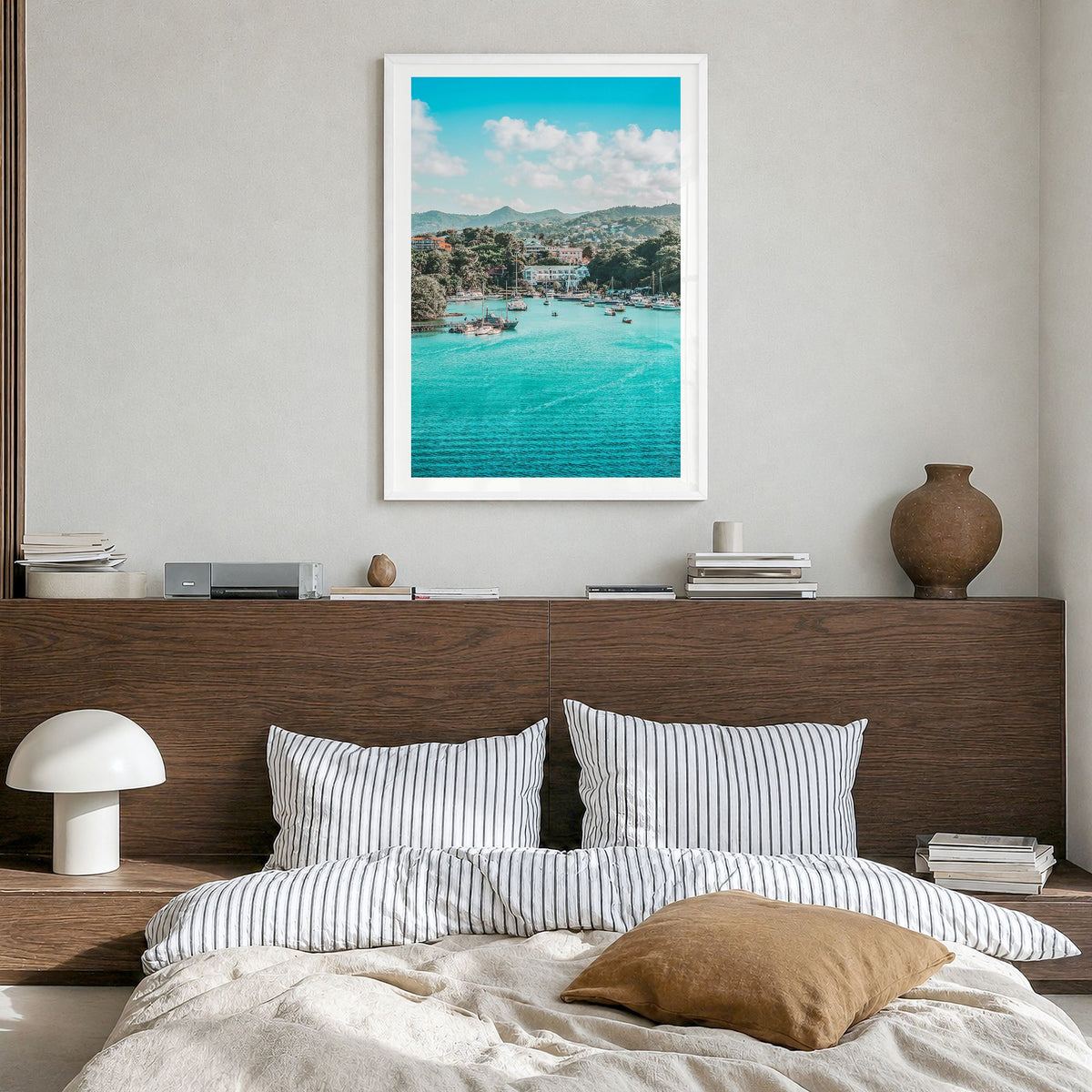 Caribbean Photo Poster in a white wood frame, hanging in a bedroom, white border