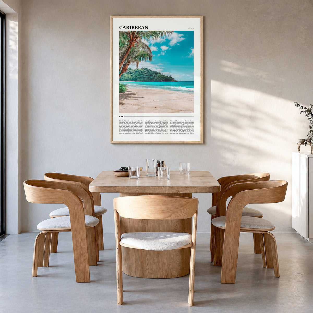 Caribbean Travel No 2 Poster in a natural wood frame, hanging in a dining room