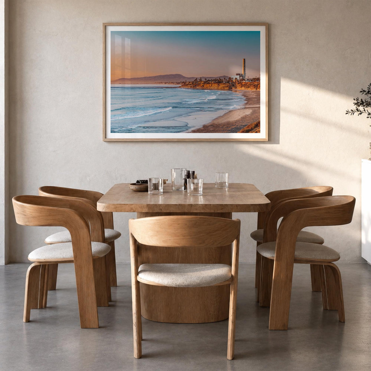 Carlsbad colorful photo poster of California, USA – horizontal wall art in natural wood frame with white border, hanging on w