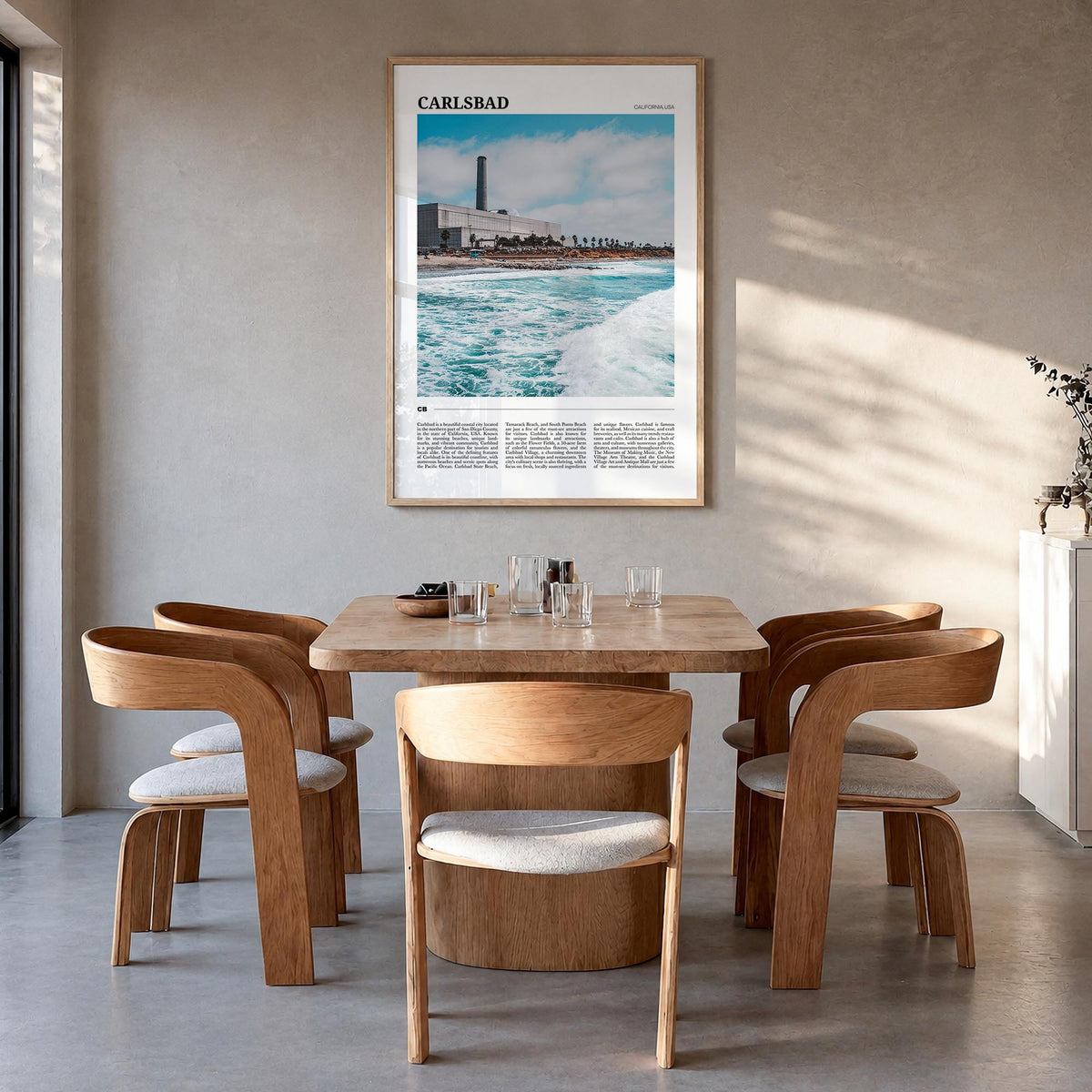 Carlsbad no. 1 colorful travel poster of California, USA – vertical wall art in natural wood frame, hanging on wall