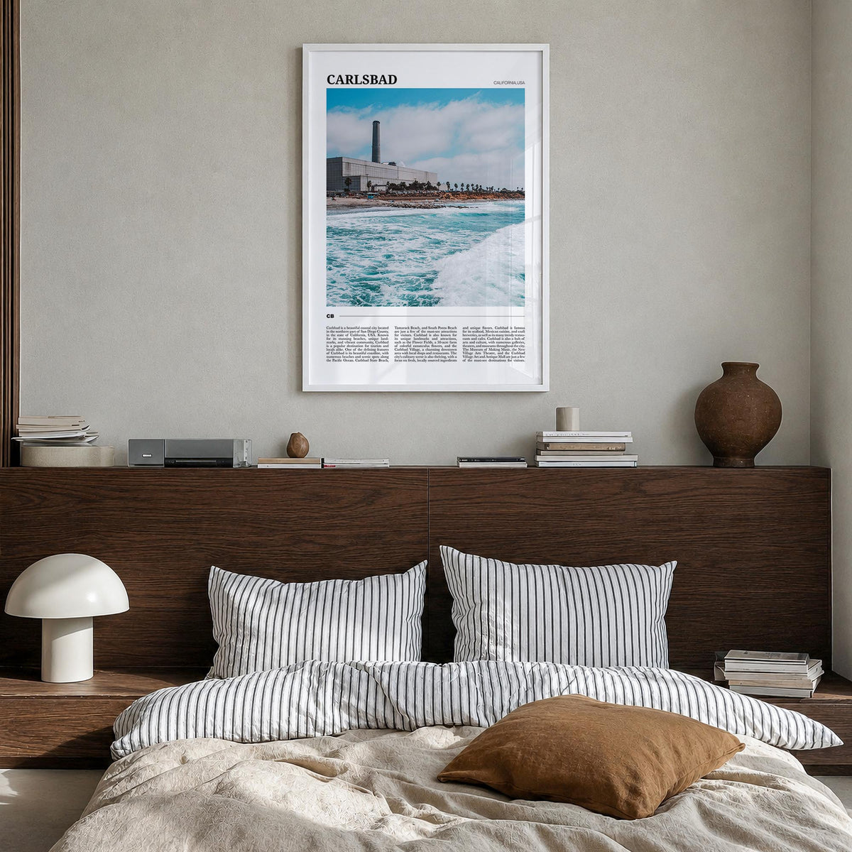 Carlsbad no. 1 colorful travel poster of California, USA – vertical wall art in white wood frame, hanging on wall