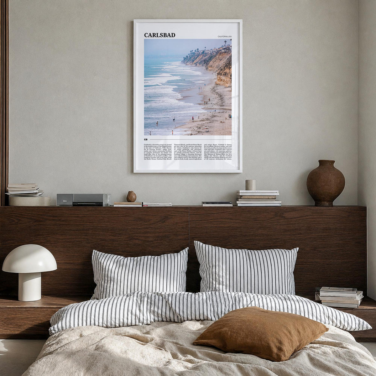 Carlsbad no. 2 colorful travel poster of California, USA – vertical wall art in white wood frame, hanging on wall
