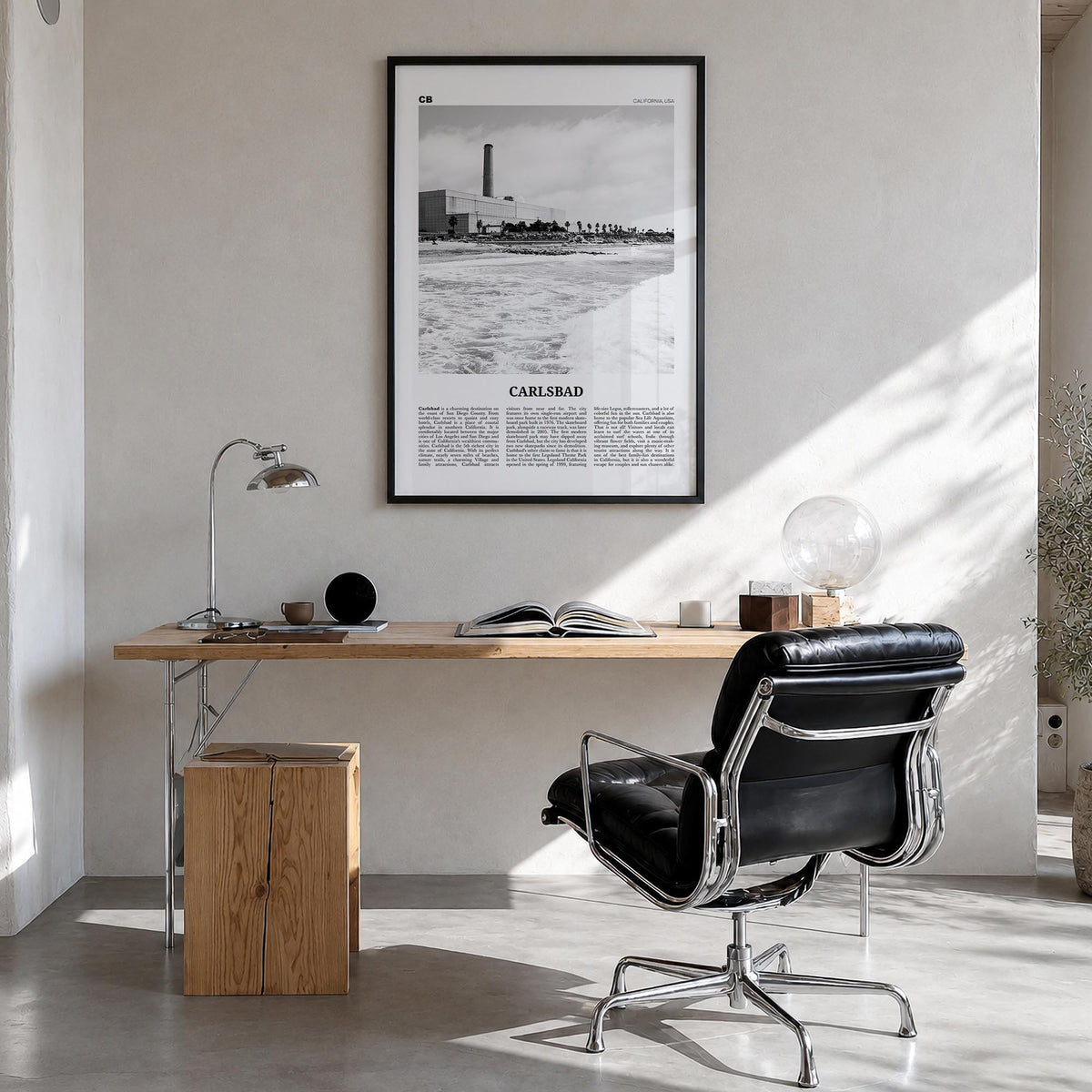 Carlsbad no. 3 black & white newspaper poster of California, USA – vertical wall art in black wood frame, hanging on wall