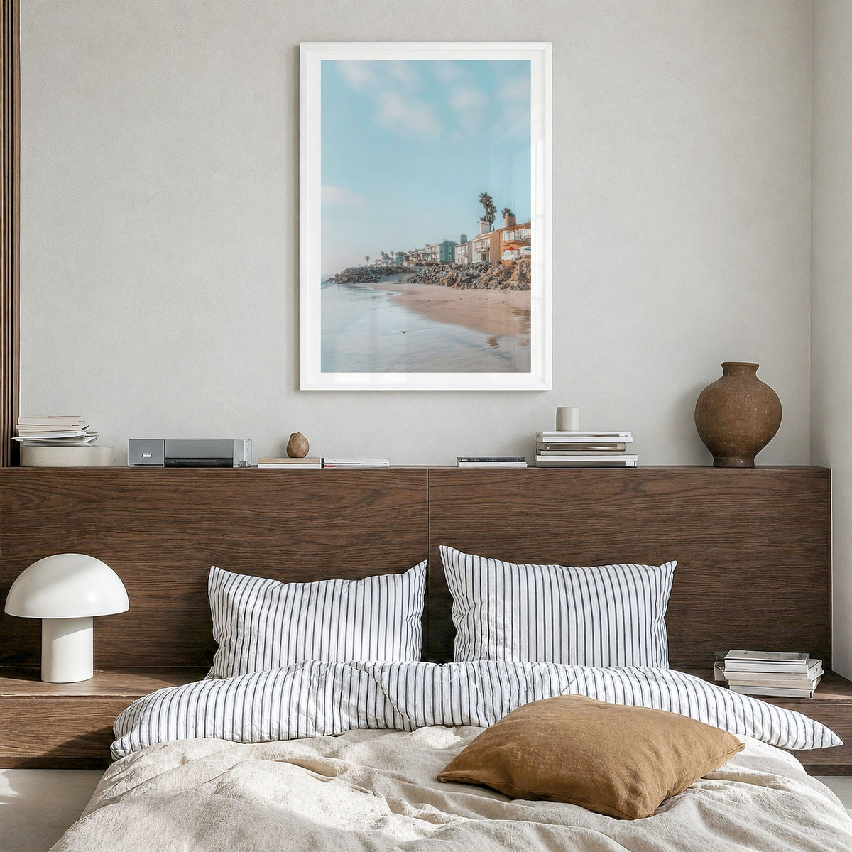 Carlsbad Photo No 1 Poster in a white wood frame, hanging in a bedroom, white border