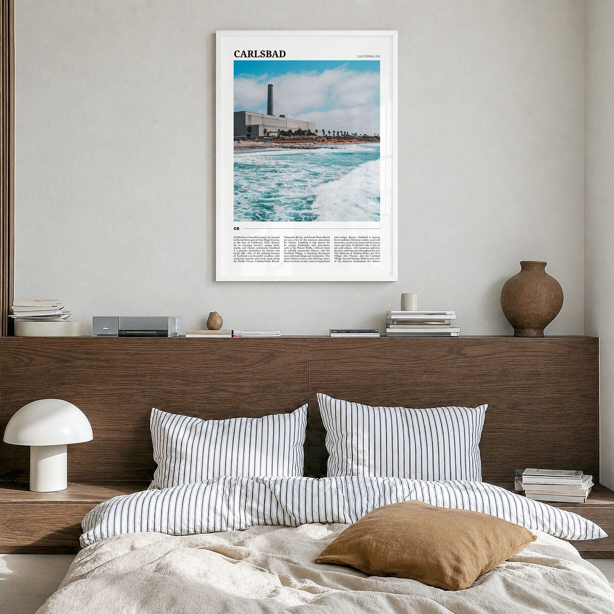 Carlsbad Travel No 1 Poster in a white wood frame, hanging in a bedroom