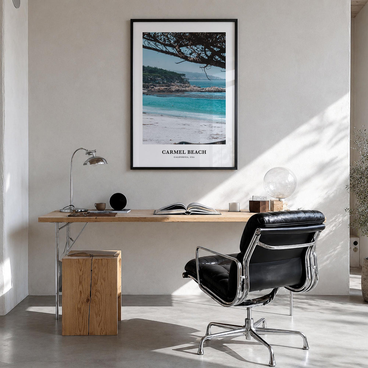 Carmel Beach colorful classic poster of California, USA – vertical wall art in black wood frame, hanging on wall