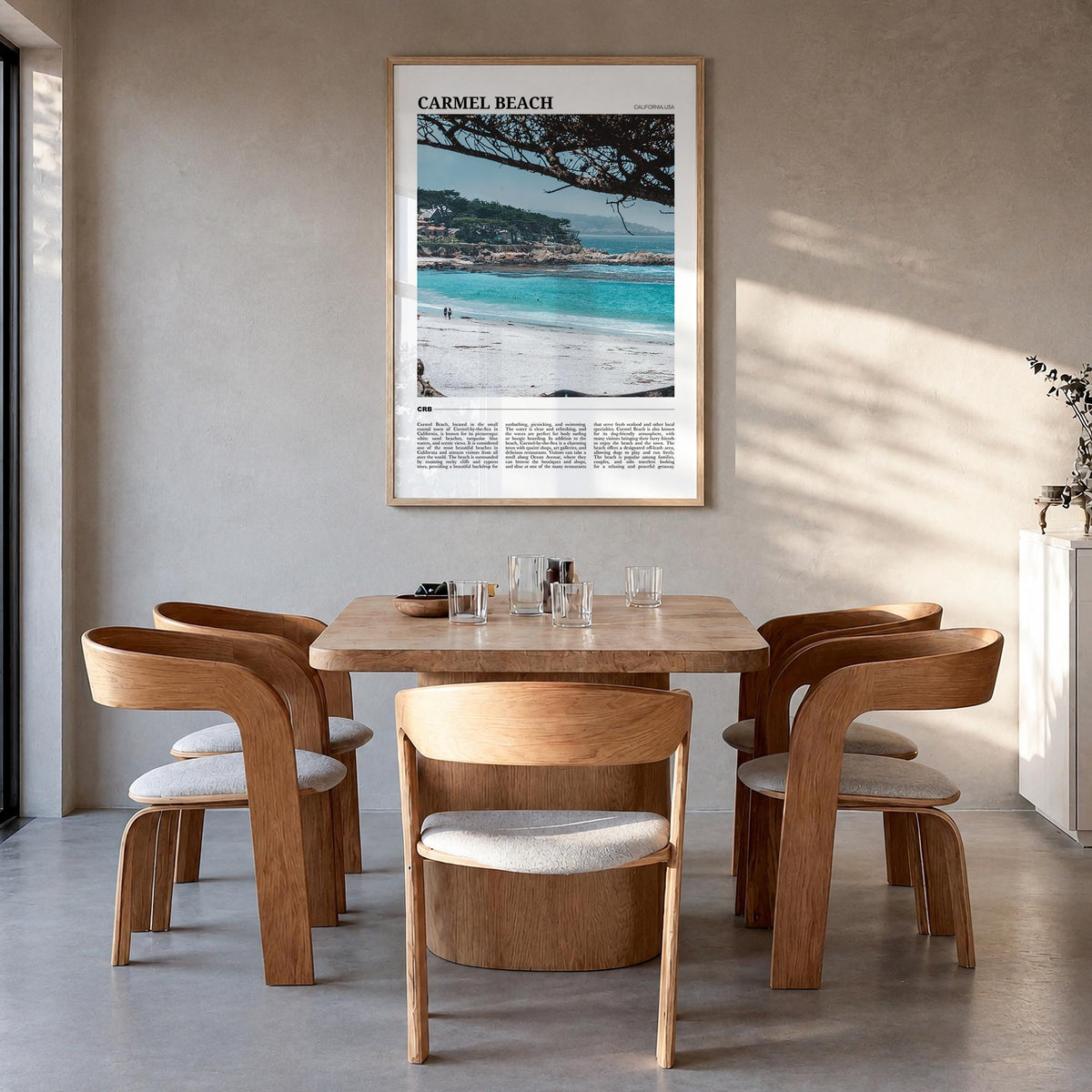 Carmel Beach colorful travel poster of California, USA – vertical wall art in natural wood frame, hanging on wall