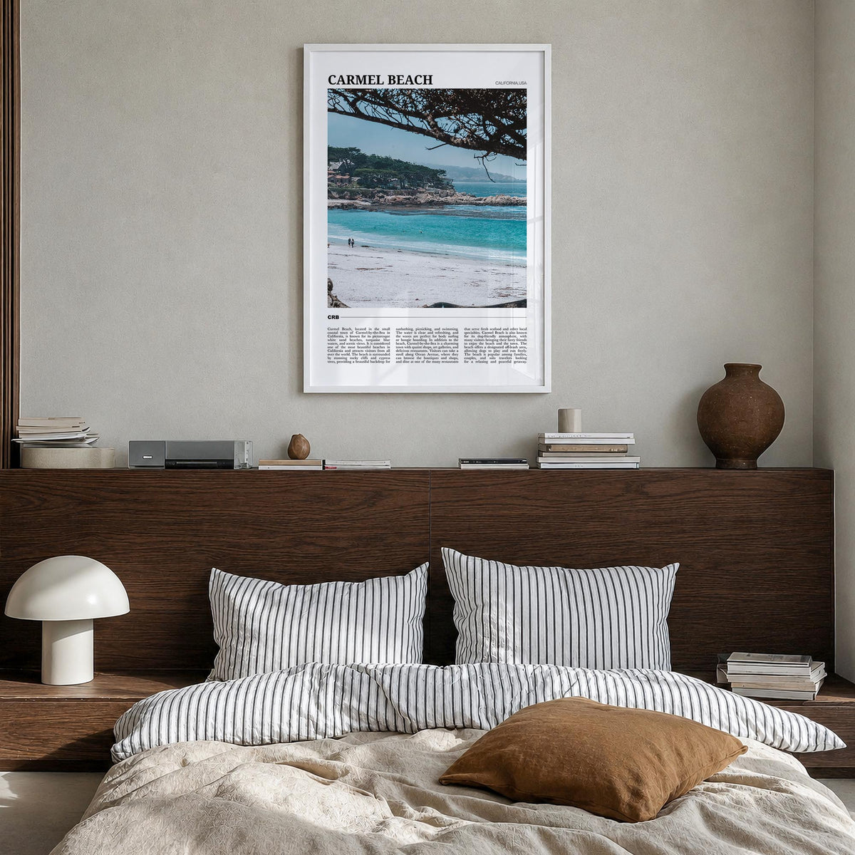 Carmel Beach colorful travel poster of California, USA – vertical wall art in white wood frame, hanging on wall