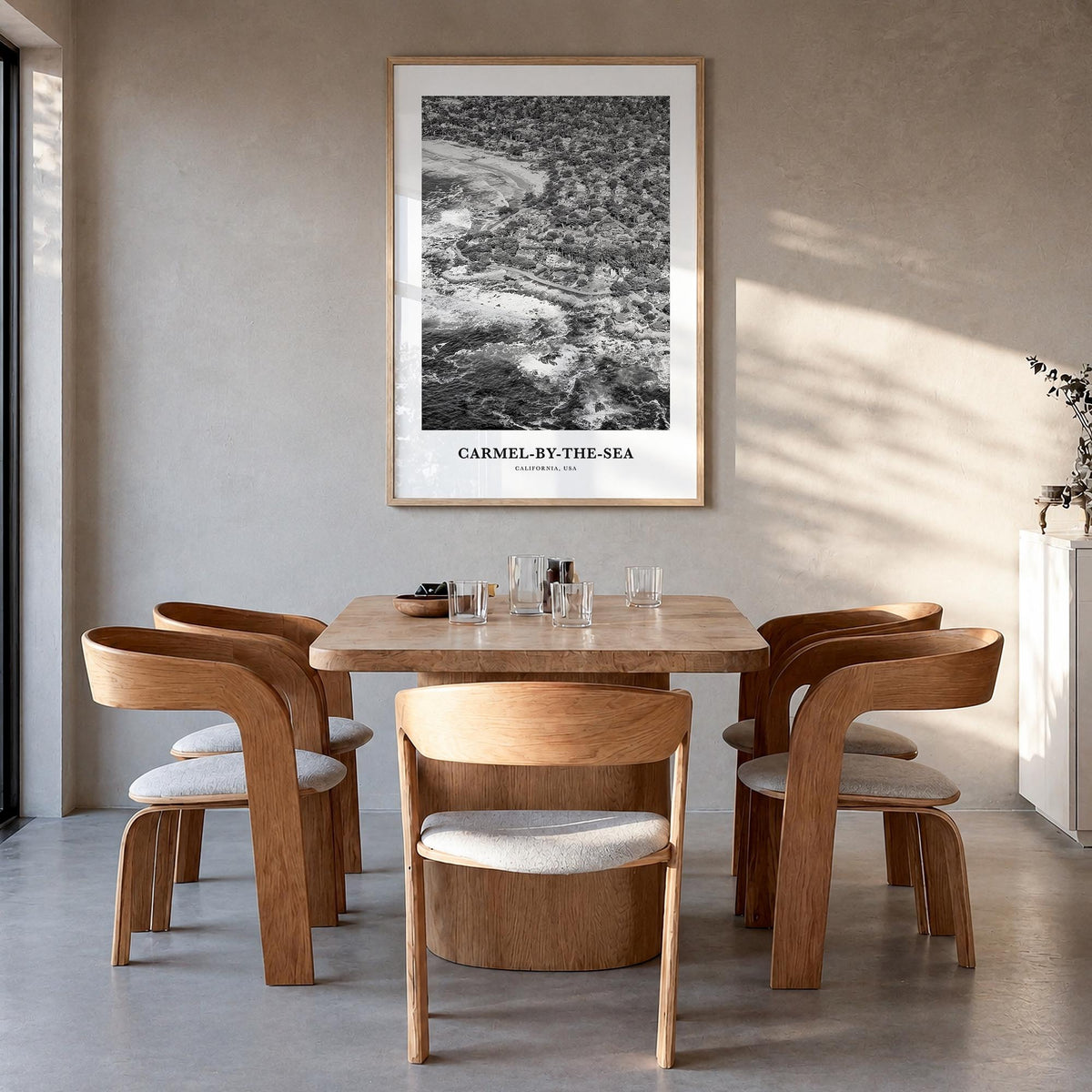 Carmel-by-the-Sea black & white classic poster of California, USA – vertical wall art in natural wood frame, hanging on wall