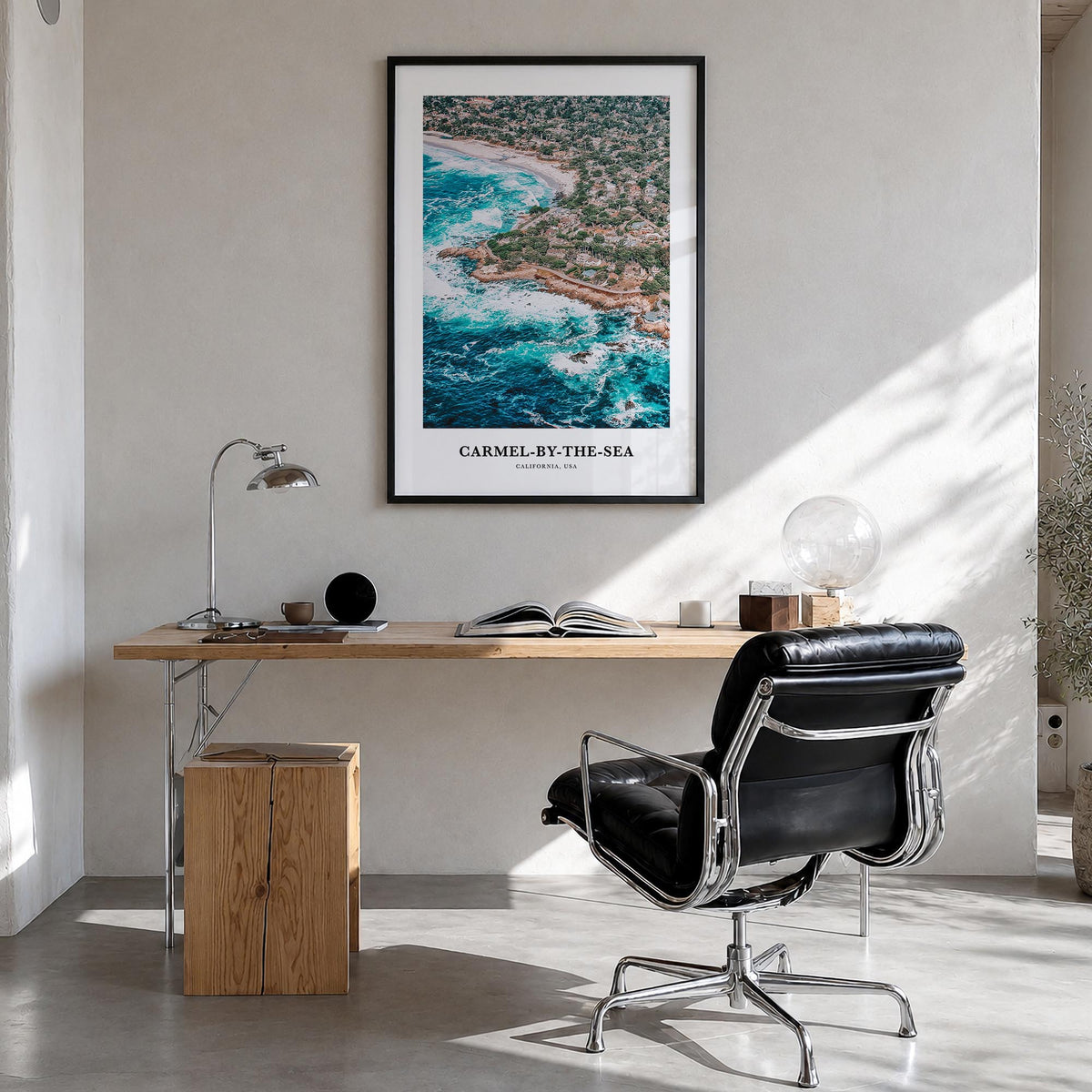 Carmel-by-the-Sea colorful classic poster of California, USA – vertical wall art in black wood frame, hanging on wall