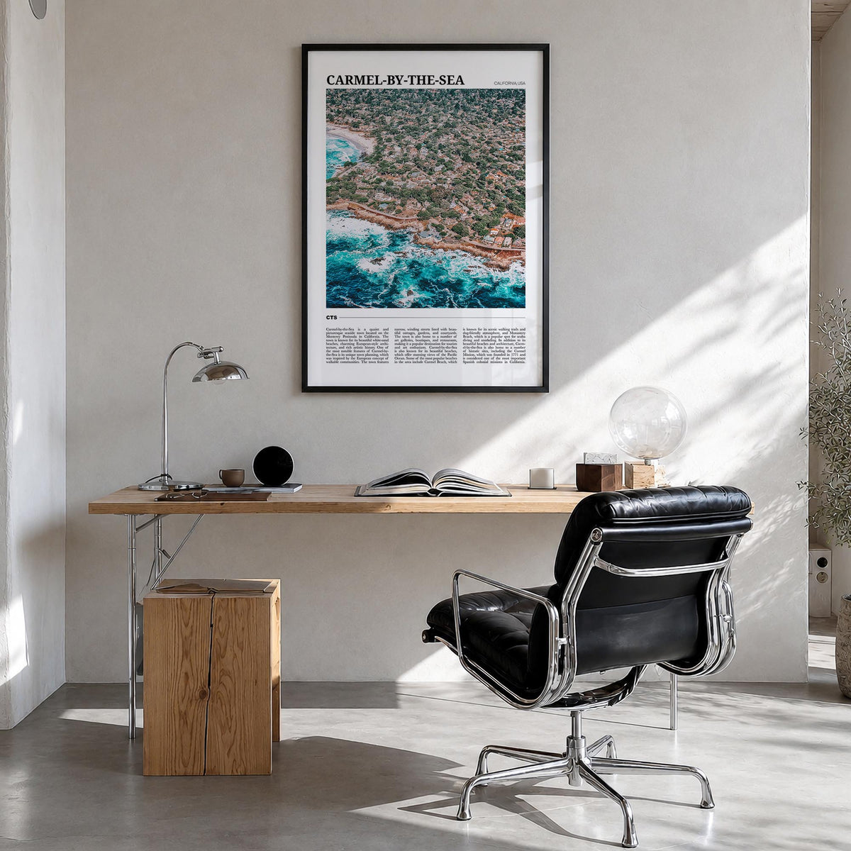 Carmel-by-the-Sea colorful travel poster of California, USA – vertical wall art in black wood frame, hanging on wall