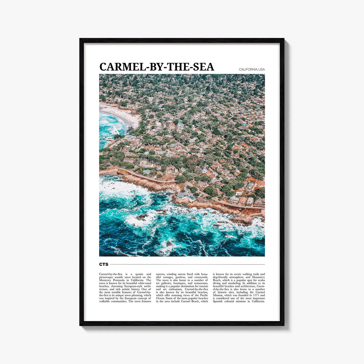 Carmel-by-the-Sea colorful travel poster of California, USA – vertical wall art, unframed print shown in interior mockup