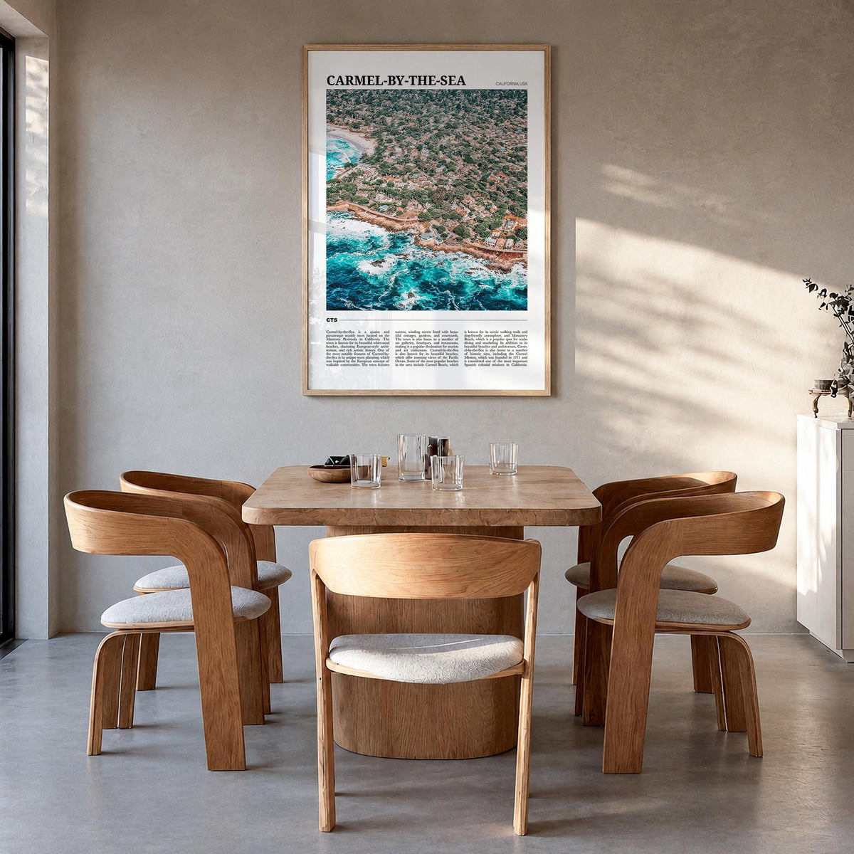 Carmel-by-the-Sea colorful travel poster of California, USA – vertical wall art in natural wood frame, hanging on wall