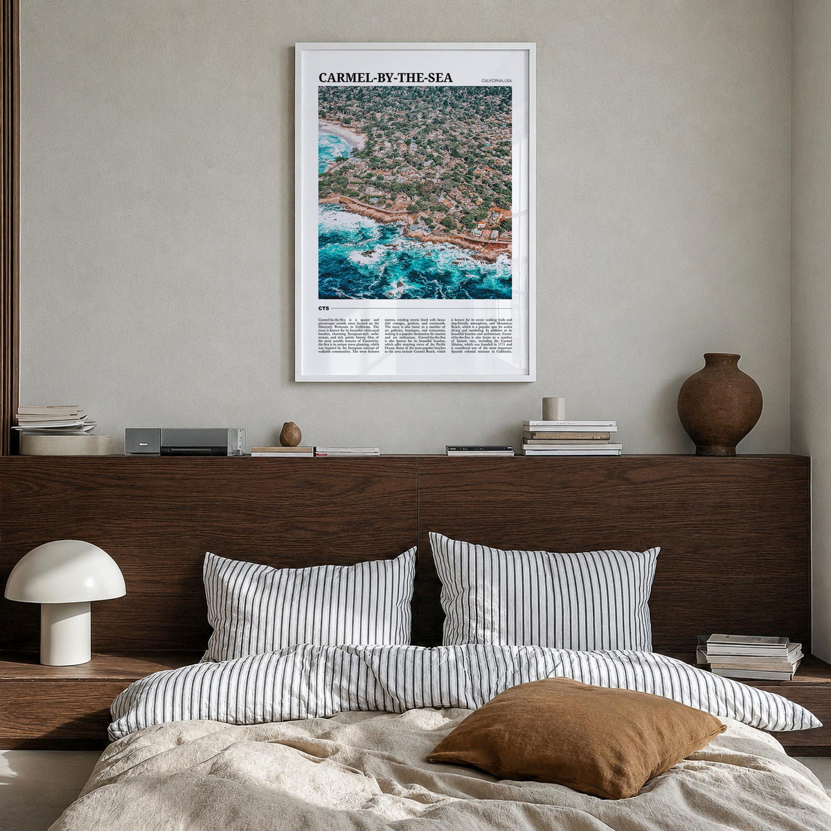 Carmel-by-the-Sea colorful travel poster of California, USA – vertical wall art in white wood frame, hanging on wall