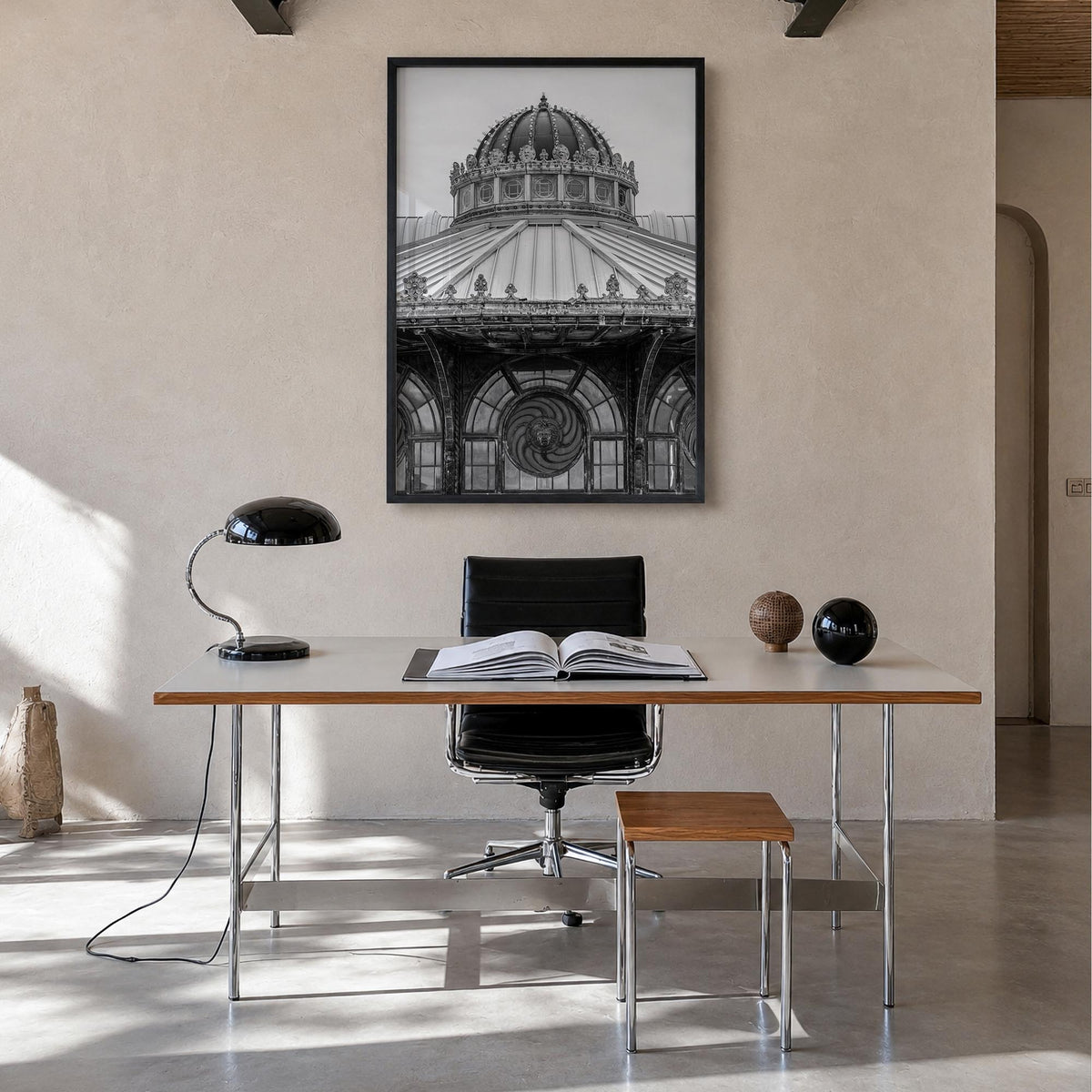 Carousel House black & white photo poster – vertical wall art in black wood frame, hanging on wall