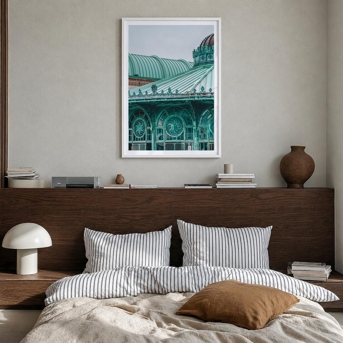 Carousel House colorful photo poster – vertical wall art in white wood frame with white border, hanging on wall