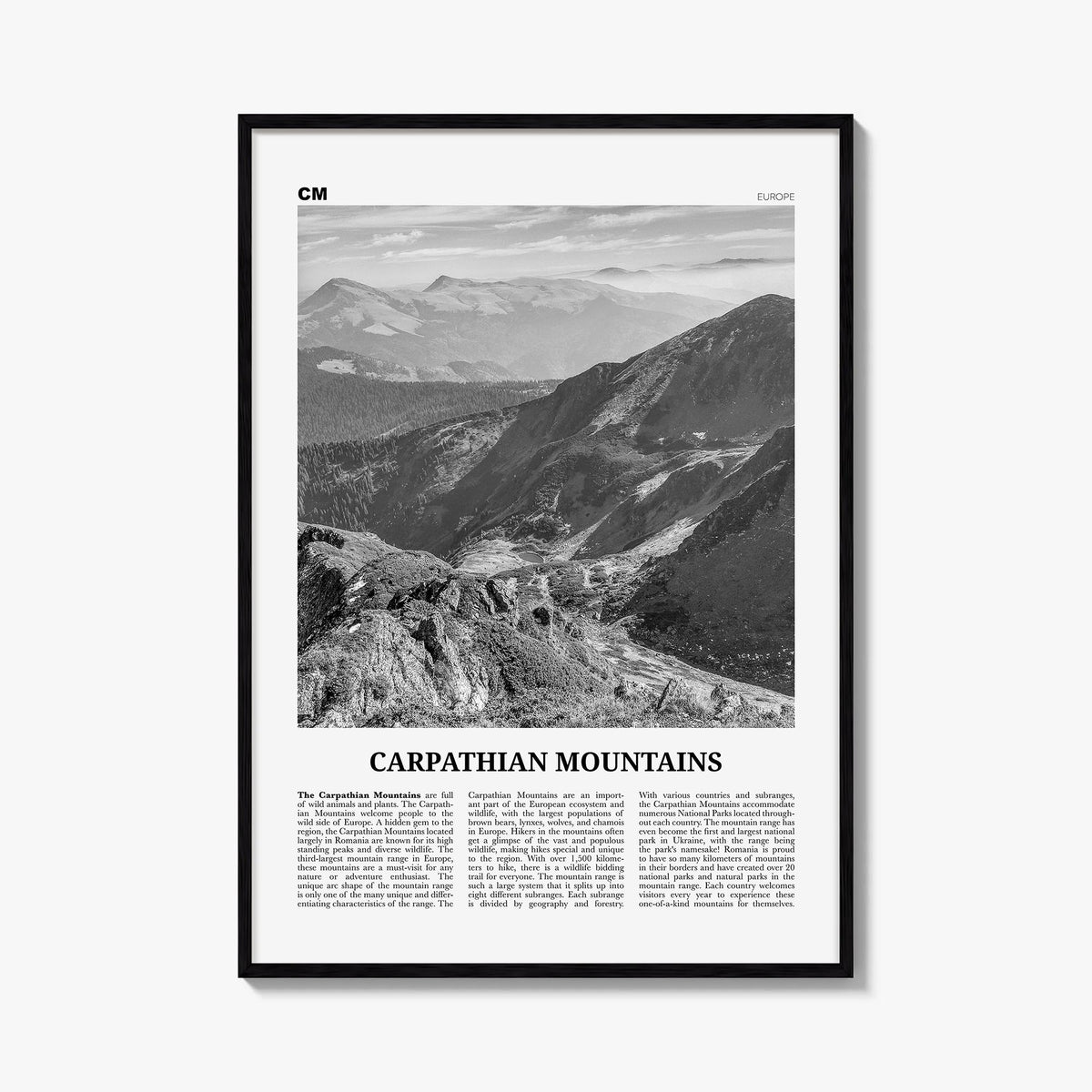 Carpathian Mountains black & white newspaper poster of Europe – vertical wall art, unframed print shown in interior mockup