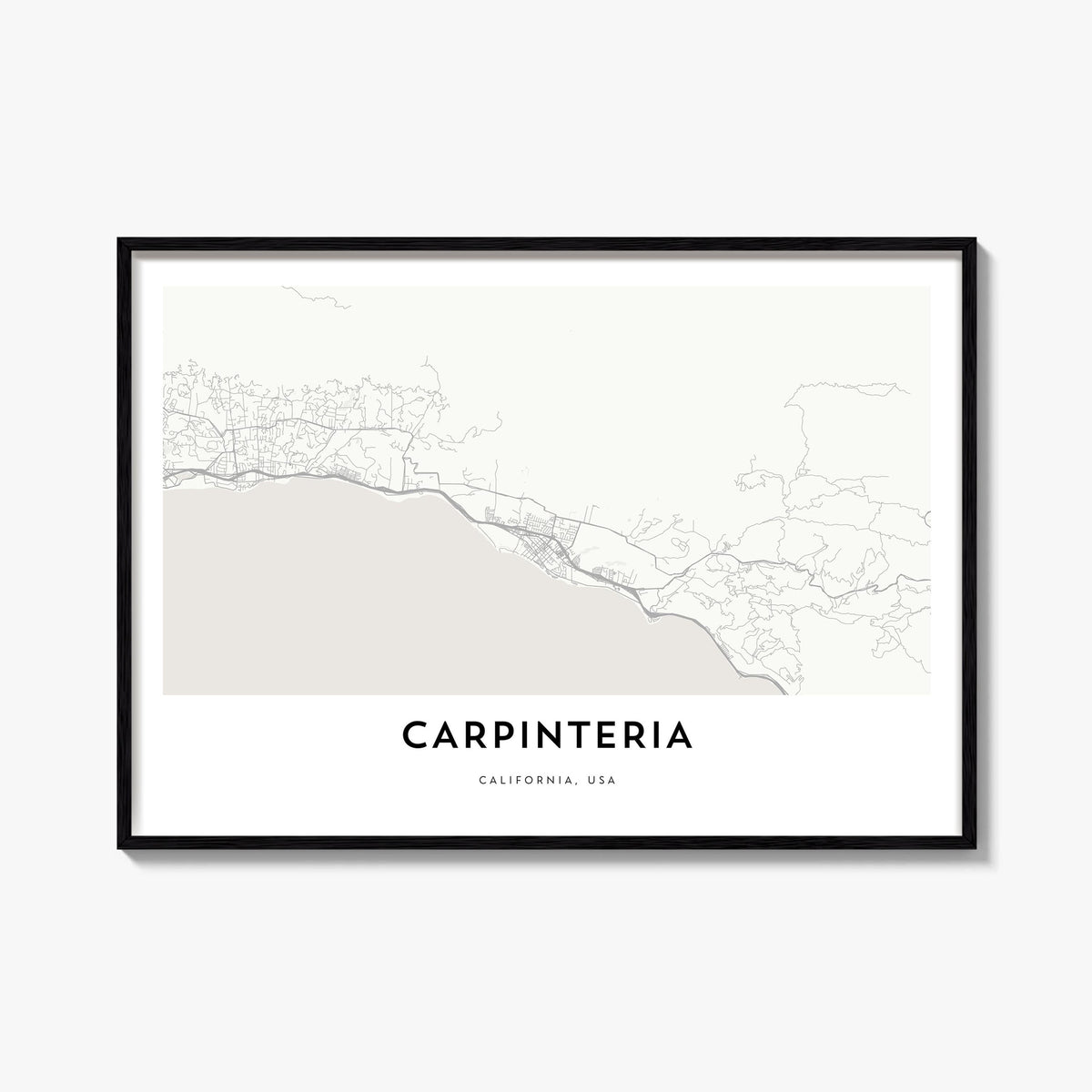 Carpinteria black & white map poster of California, USA – horizontal wall art, unframed print shown in interior mockup