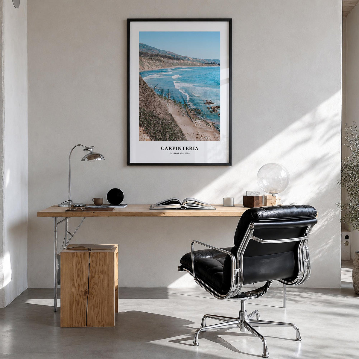 Carpinteria colorful classic poster of California, USA – vertical wall art in black wood frame, hanging on wall