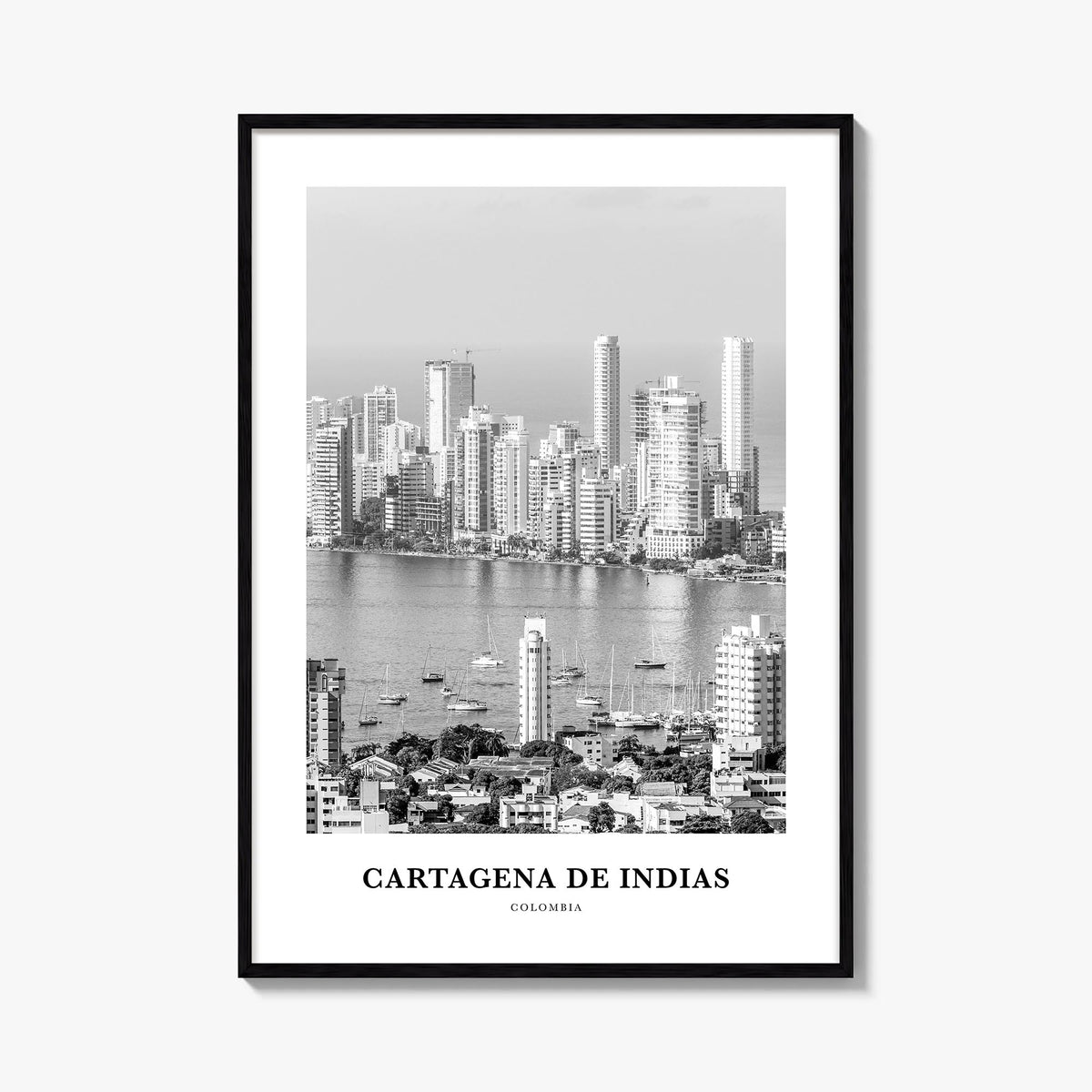 Cartagena de Indias black & white classic poster of Colombia – vertical wall art, unframed print shown in interior mockup