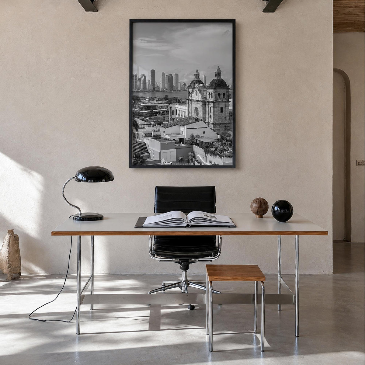 Cartagena de Indias black & white photo poster of Colombia – vertical wall art in black wood frame, hanging on wall