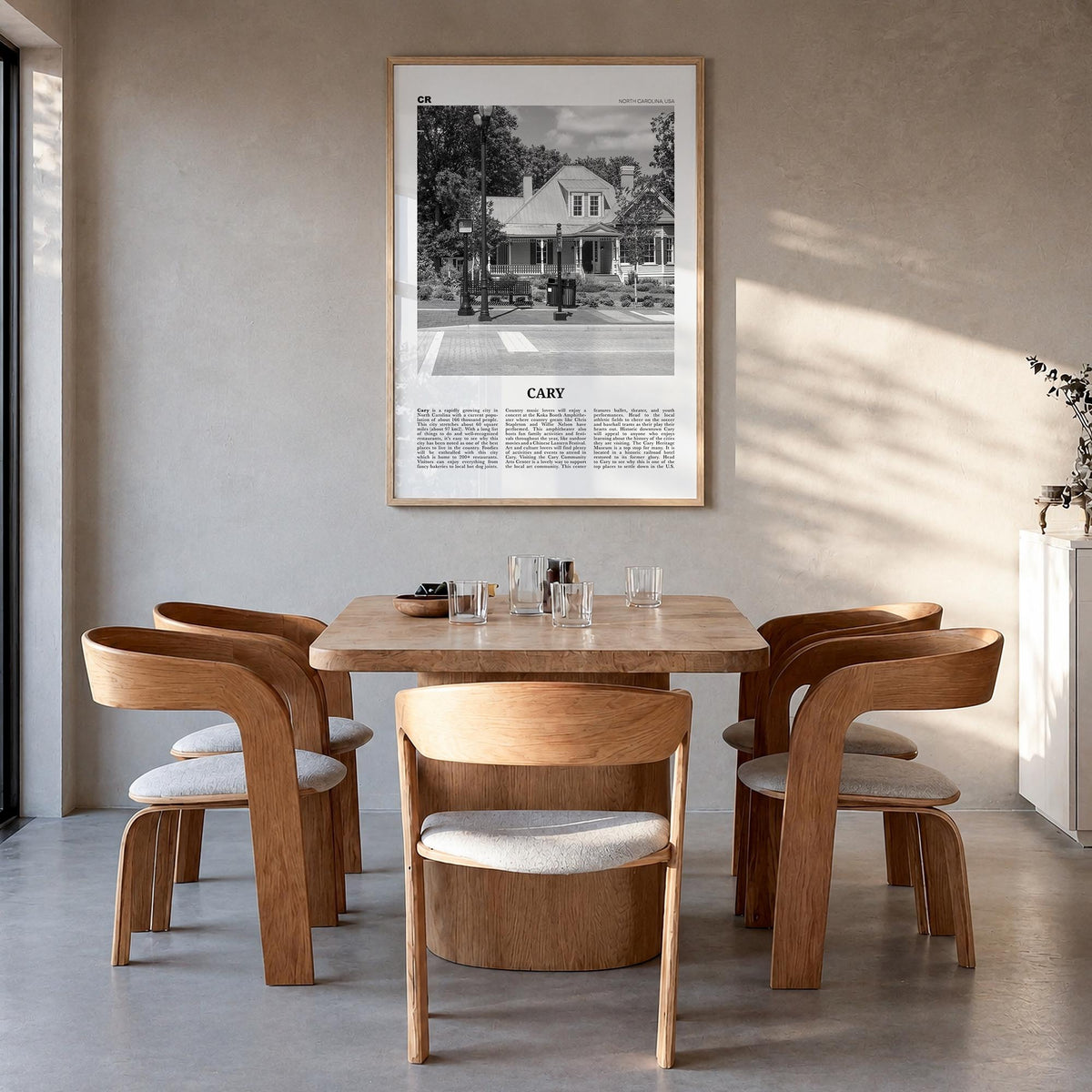 Cary black & white newspaper poster of North Carolina, USA – vertical wall art in natural wood frame, hanging on wall