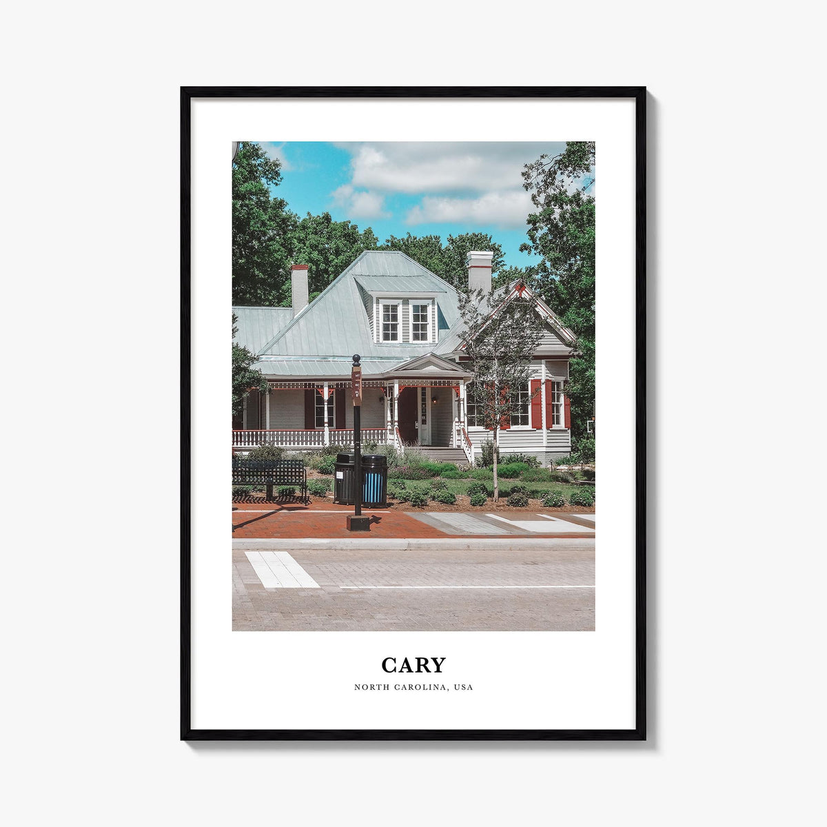 Cary colorful classic poster of North Carolina, USA – vertical wall art, unframed print shown in interior mockup