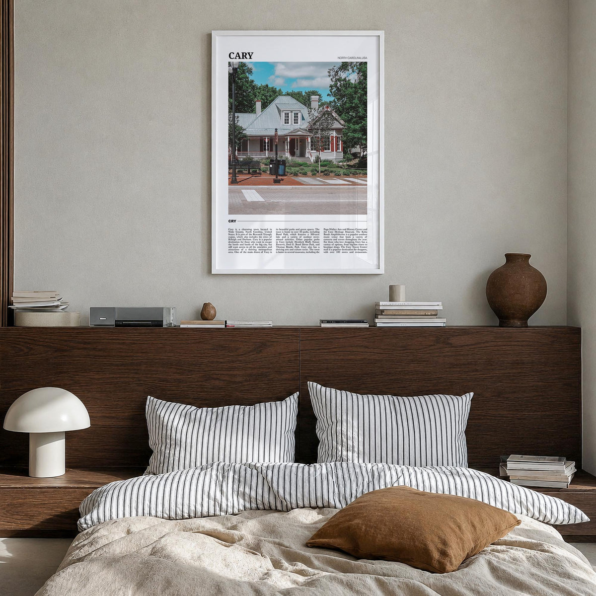 Cary colorful travel poster of North Carolina, USA – vertical wall art in white wood frame, hanging on wall