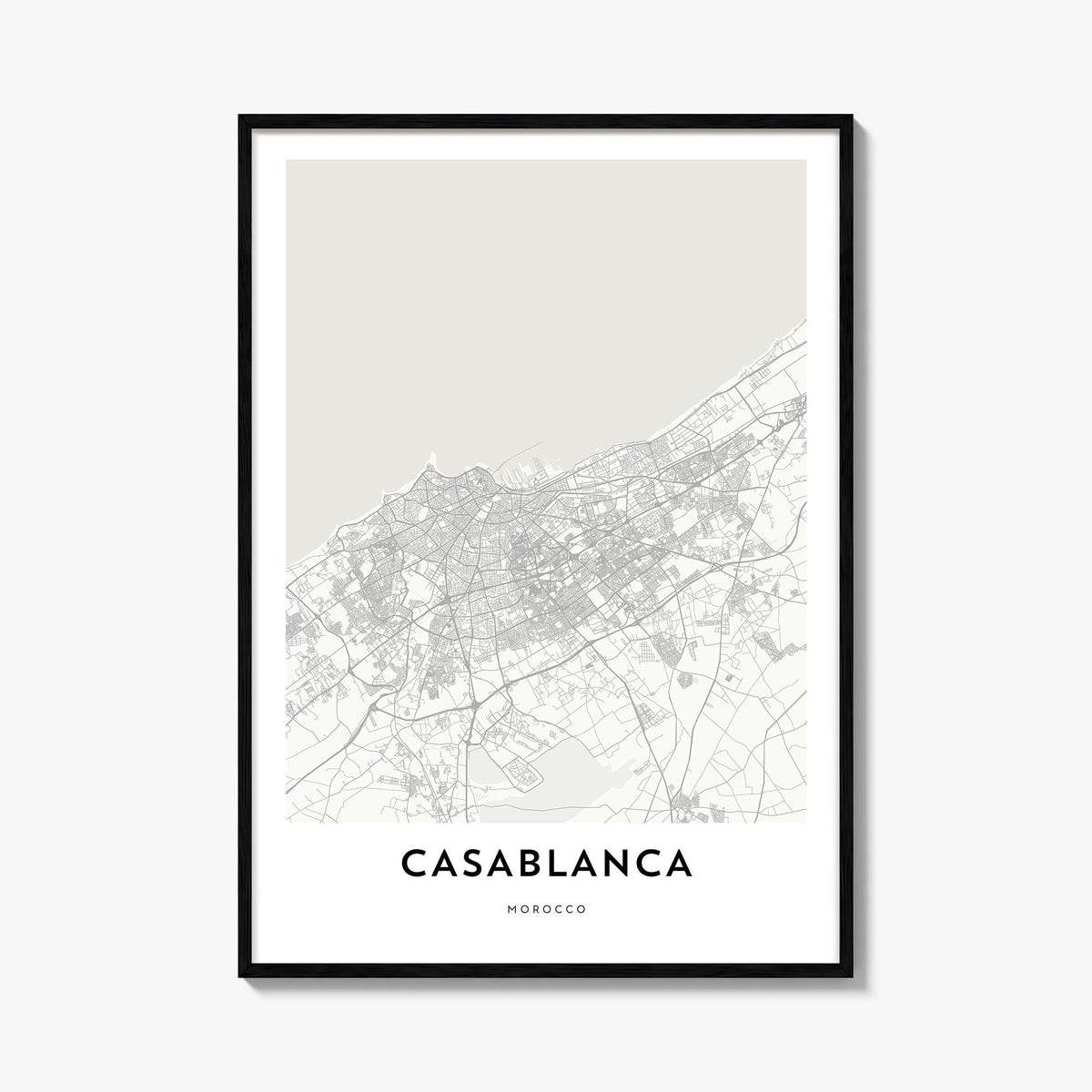 Casablanca black & white map poster of Morocco – vertical wall art, unframed print shown in interior mockup