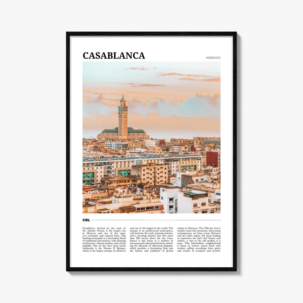 Casablanca colorful travel poster of Morocco – vertical wall art, unframed print shown in interior mockup