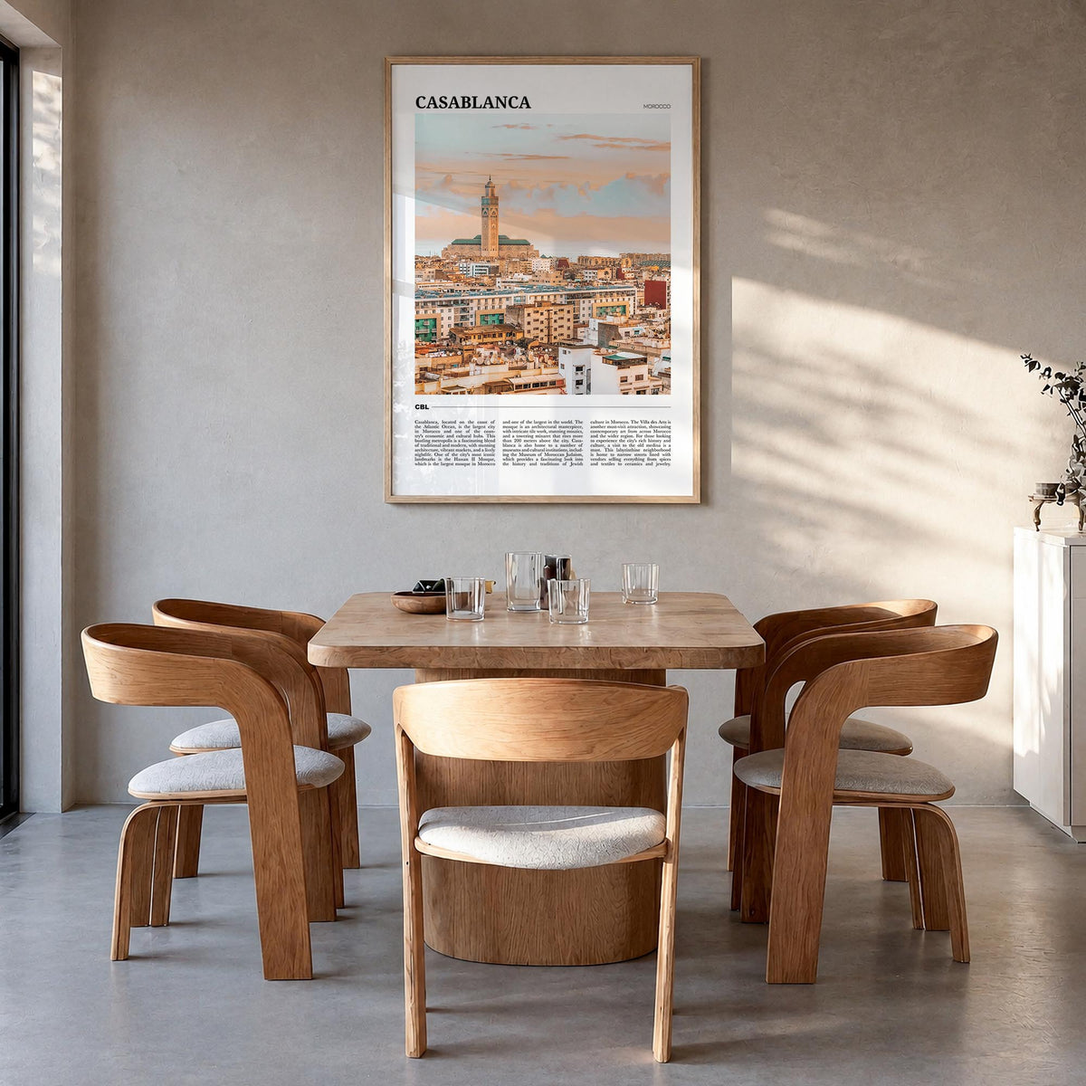 Casablanca colorful travel poster of Morocco – vertical wall art in natural wood frame, hanging on wall