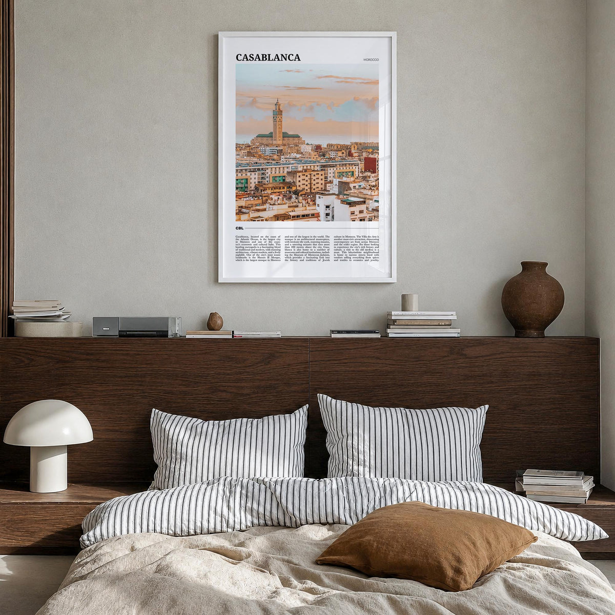 Casablanca colorful travel poster of Morocco – vertical wall art in white wood frame, hanging on wall