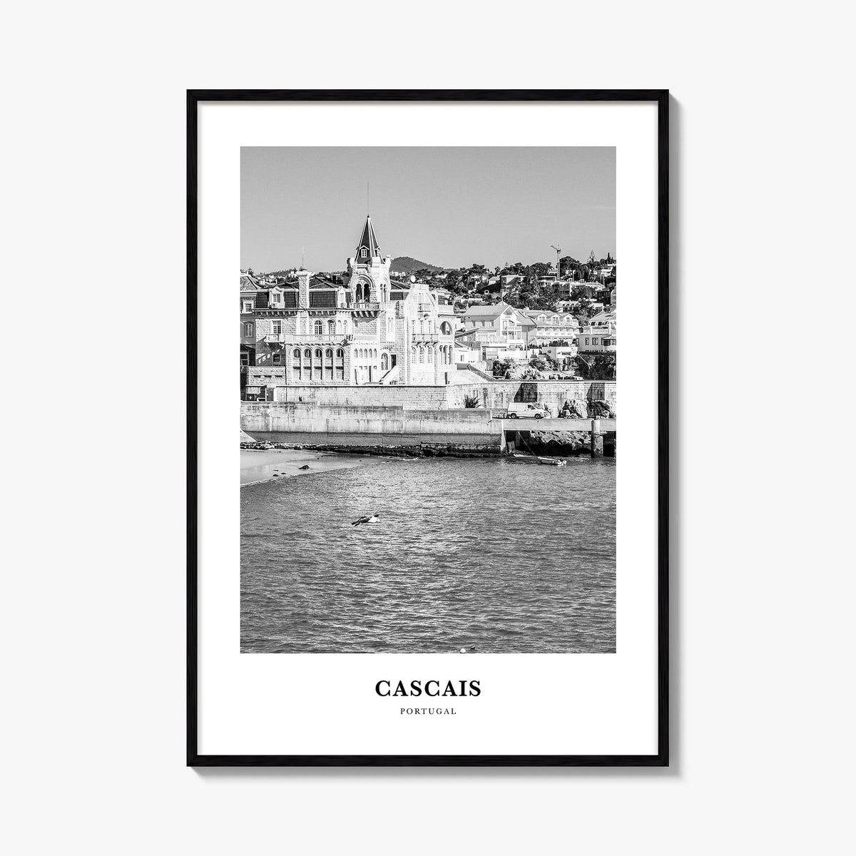 Cascais black & white classic poster of Portugal – vertical wall art, unframed print shown in interior mockup