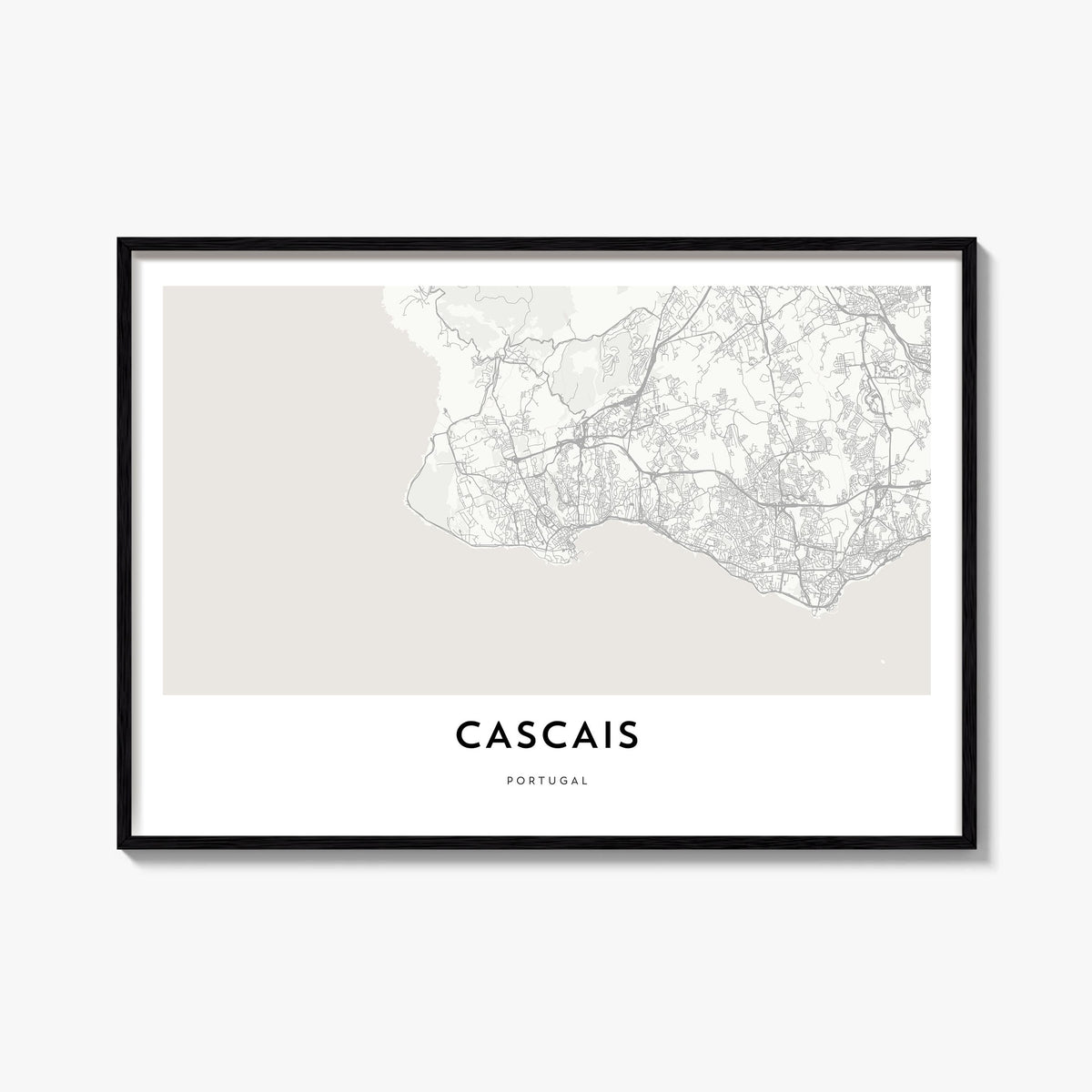Cascais black & white map poster of Portugal – horizontal wall art, unframed print shown in interior mockup