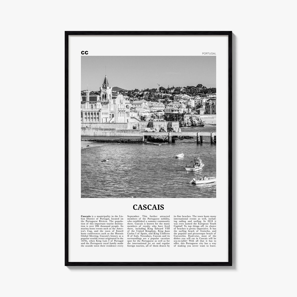 Cascais black & white newspaper poster of Portugal – vertical wall art, unframed print shown in interior mockup