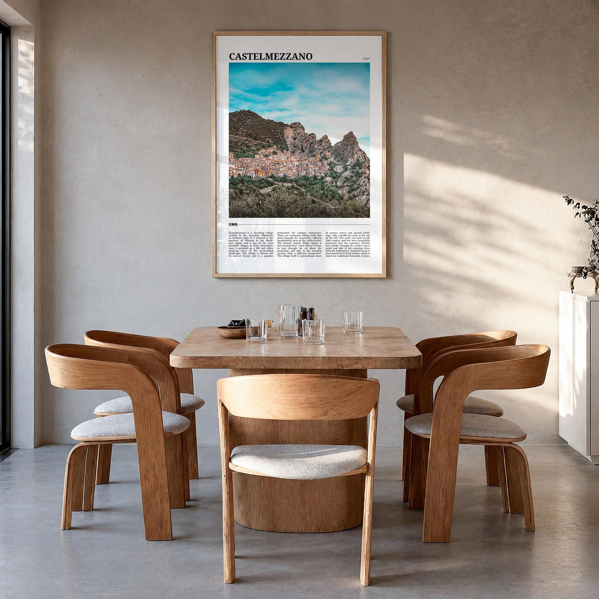 Castelmezzano colorful travel poster of Italy – vertical wall art in natural wood frame, hanging on wall