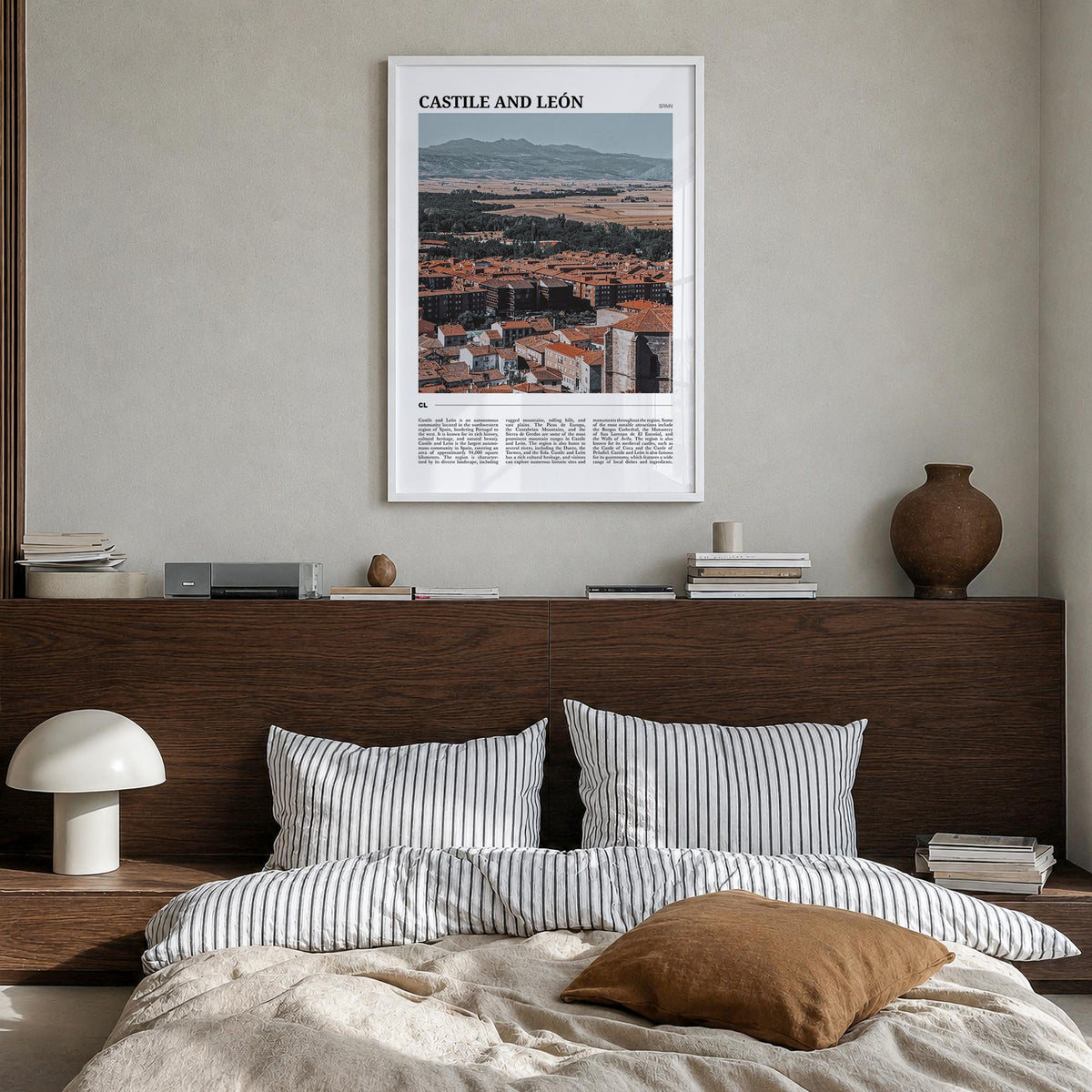 Castile and León colorful travel poster of Spain – vertical wall art in white wood frame, hanging on wall