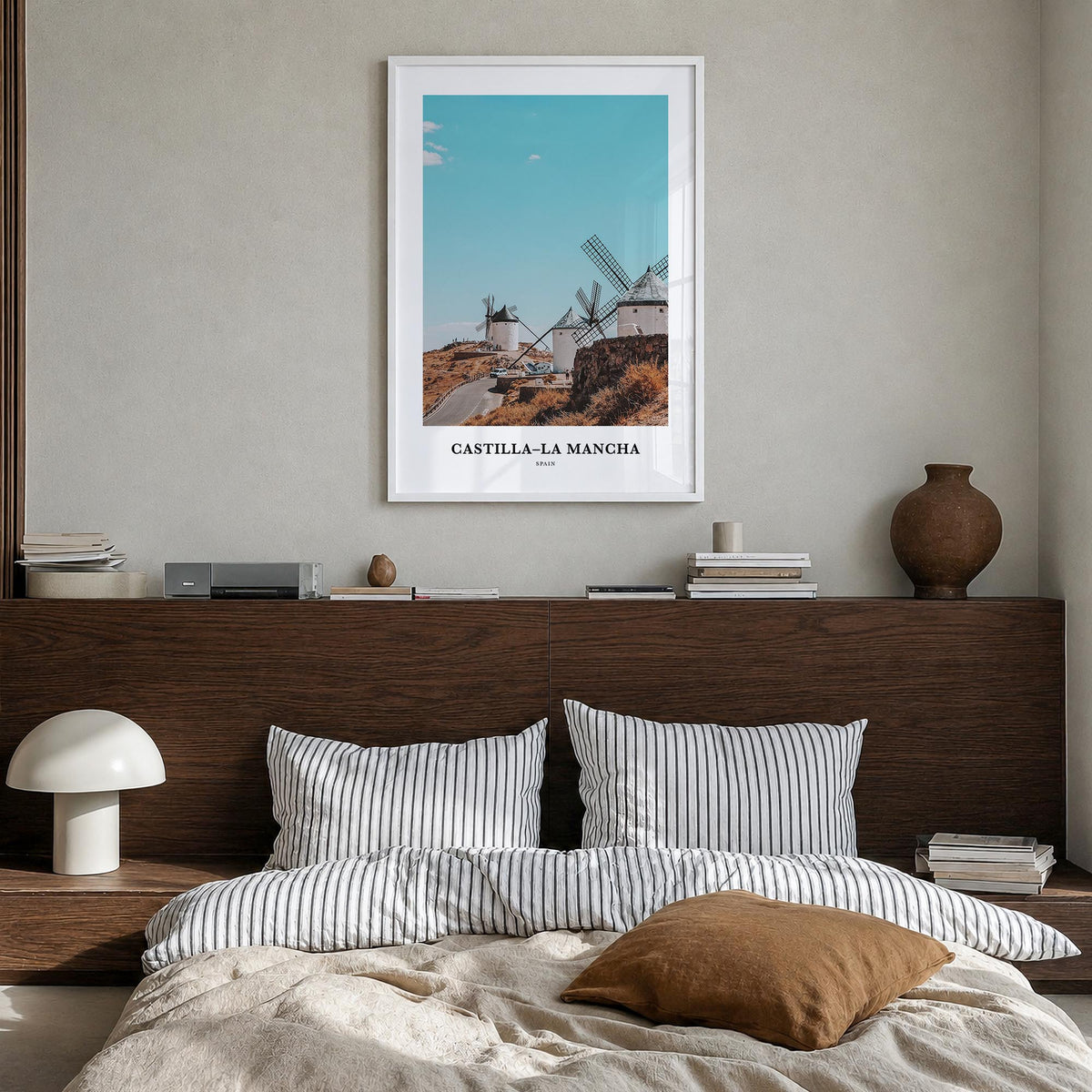 Castilla-La Mancha colorful classic poster of Spain – vertical wall art in white wood frame, hanging on wall