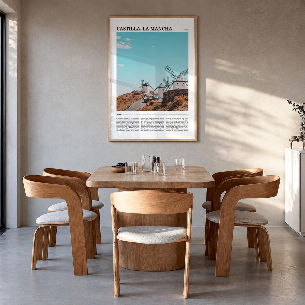 Castilla-La Mancha colorful travel poster of Spain – vertical wall art in natural wood frame, hanging on wall