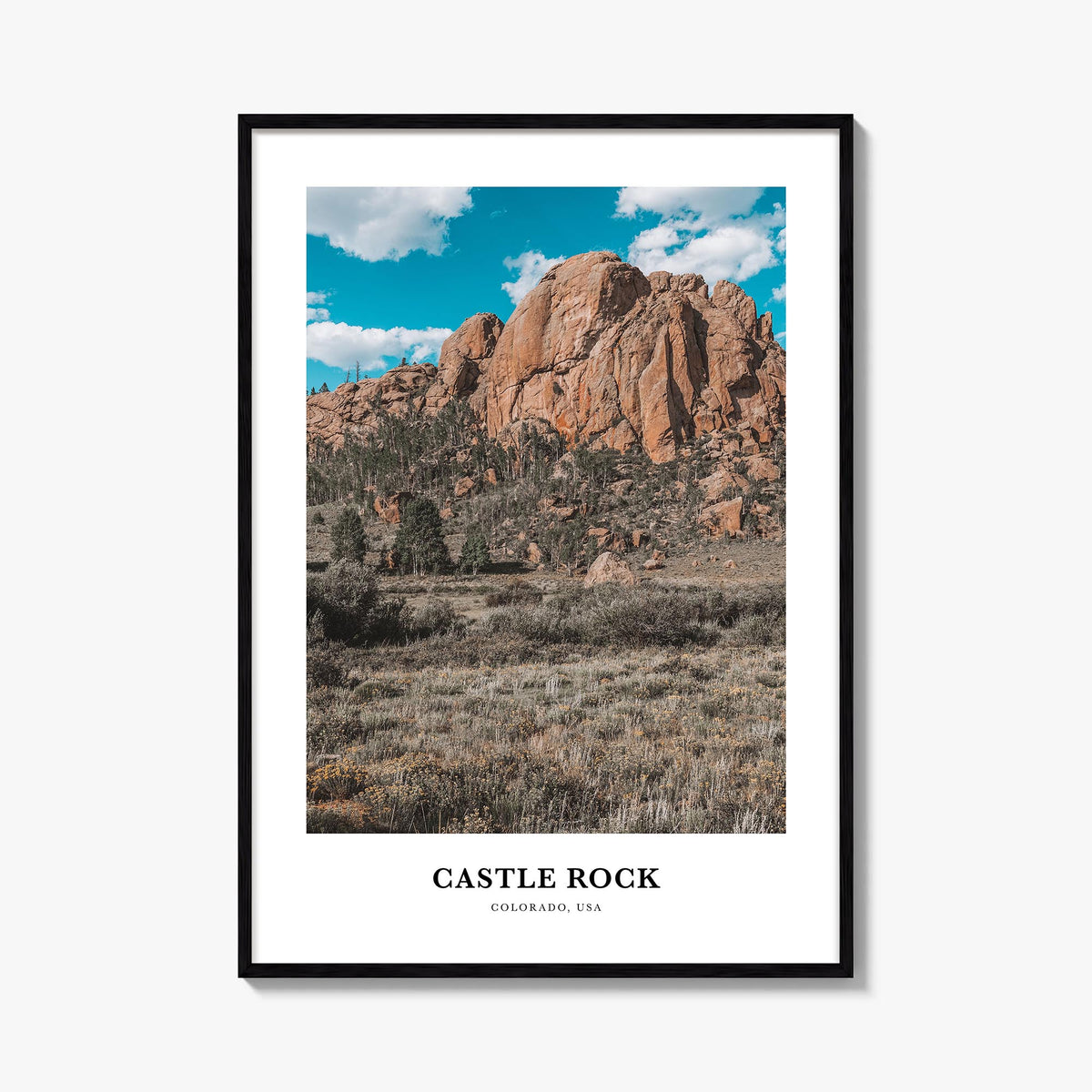 Castle Rock colorful classic poster of Colorado, USA – vertical wall art, unframed print shown in interior mockup